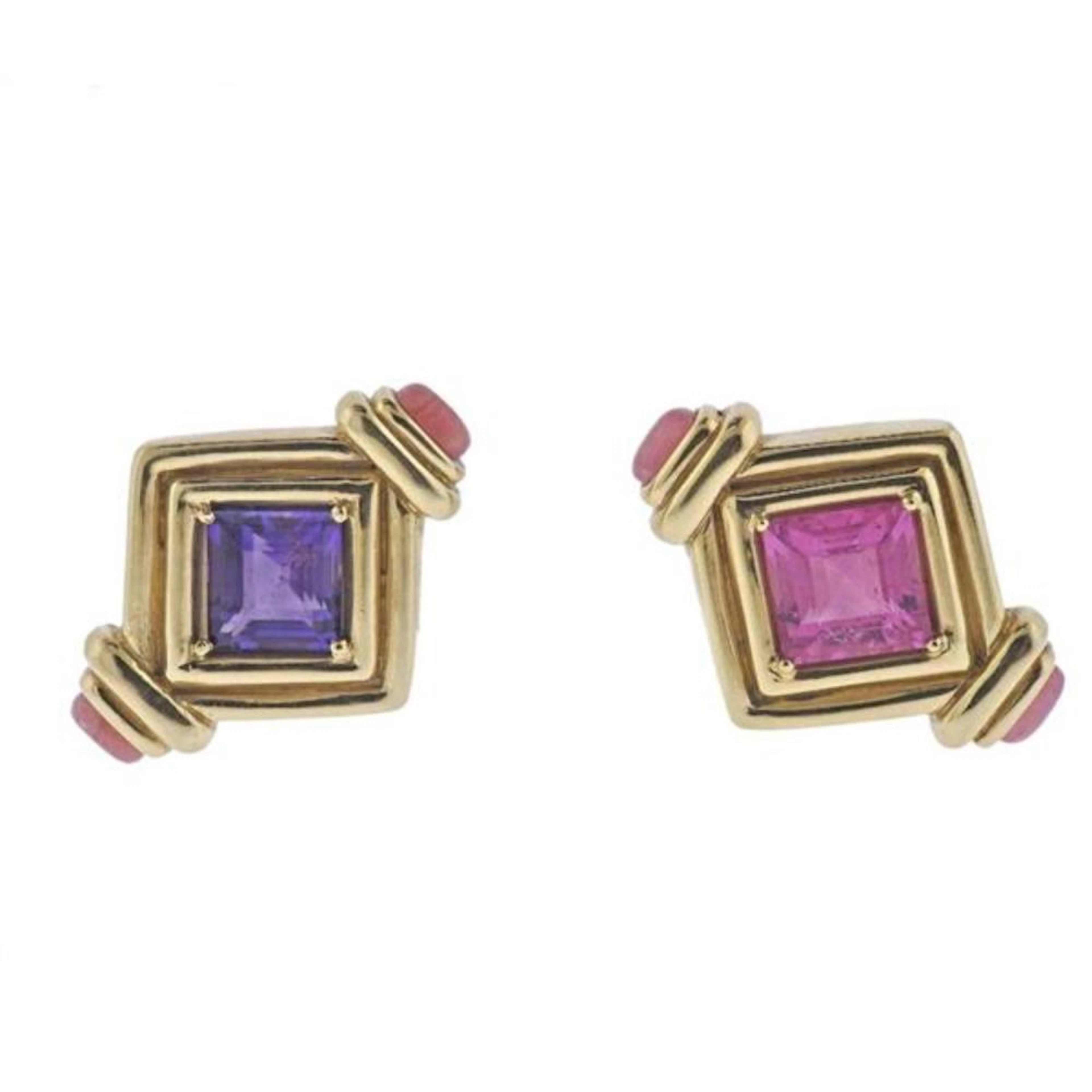 18k Gold Amethyst Tourmaline Rhodochrosite Earrings