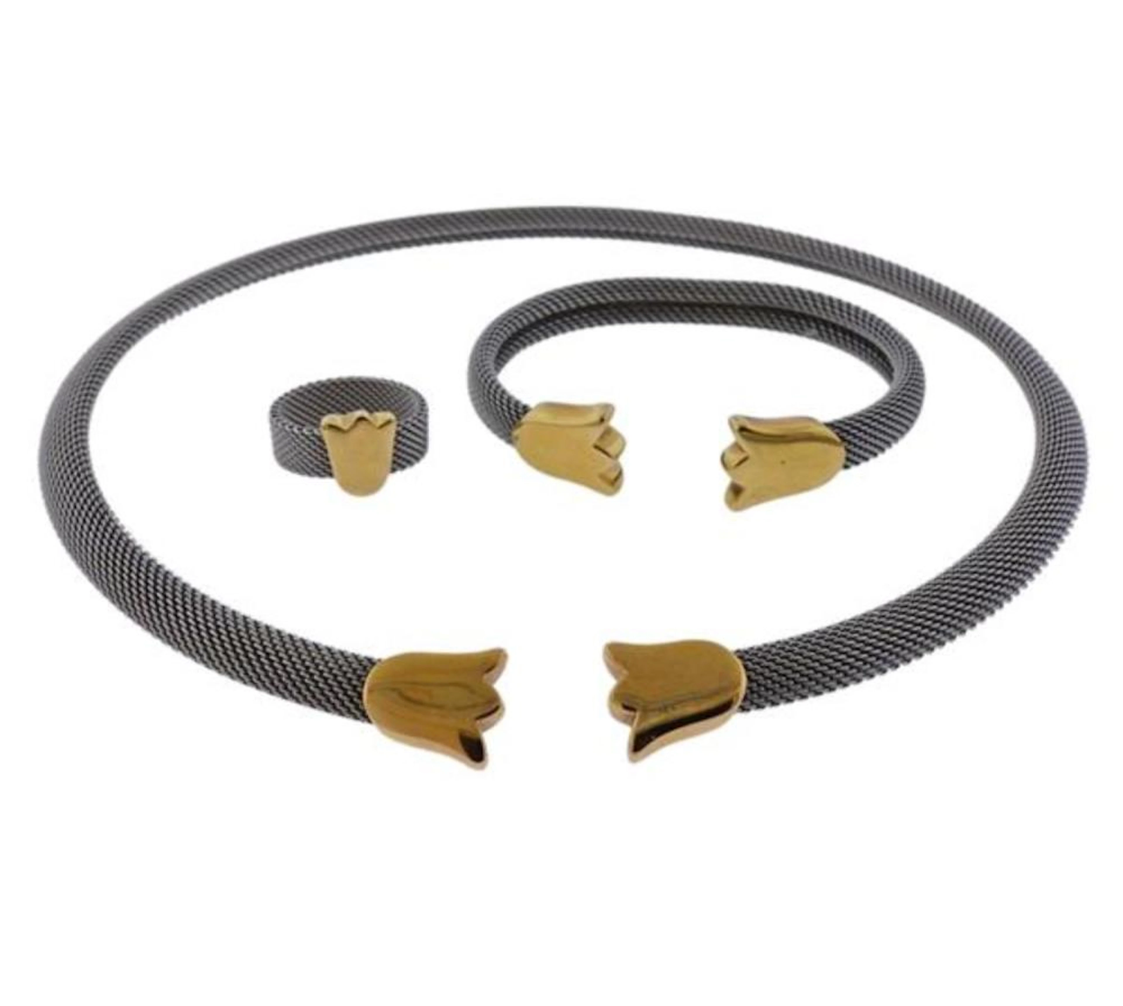 Tous 18K Gold Stainless Steel Mesh Necklace Bracelet Ring Set