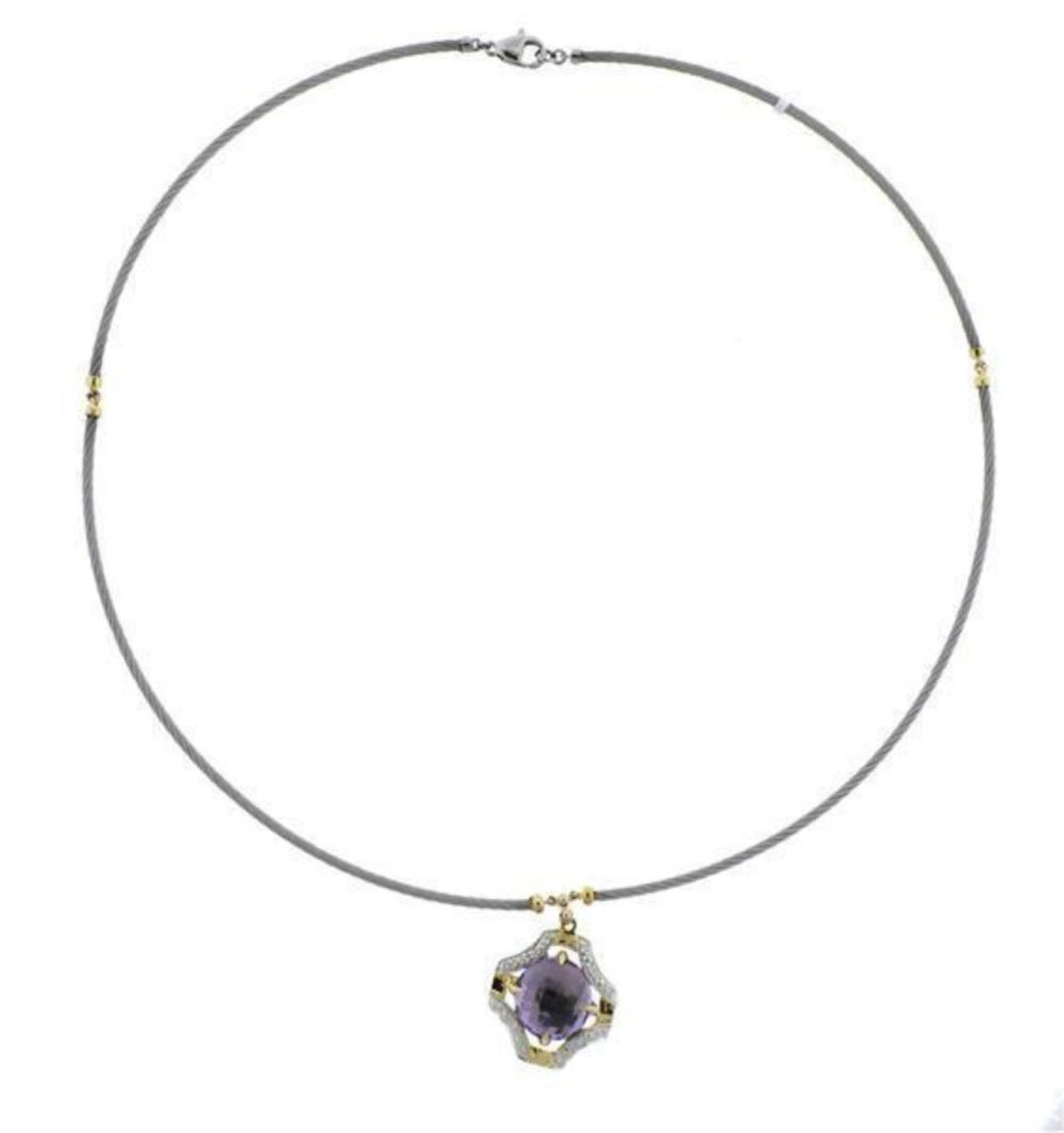 Charriol 18k Gold Steel Diamond Amethyst Pendant Necklace