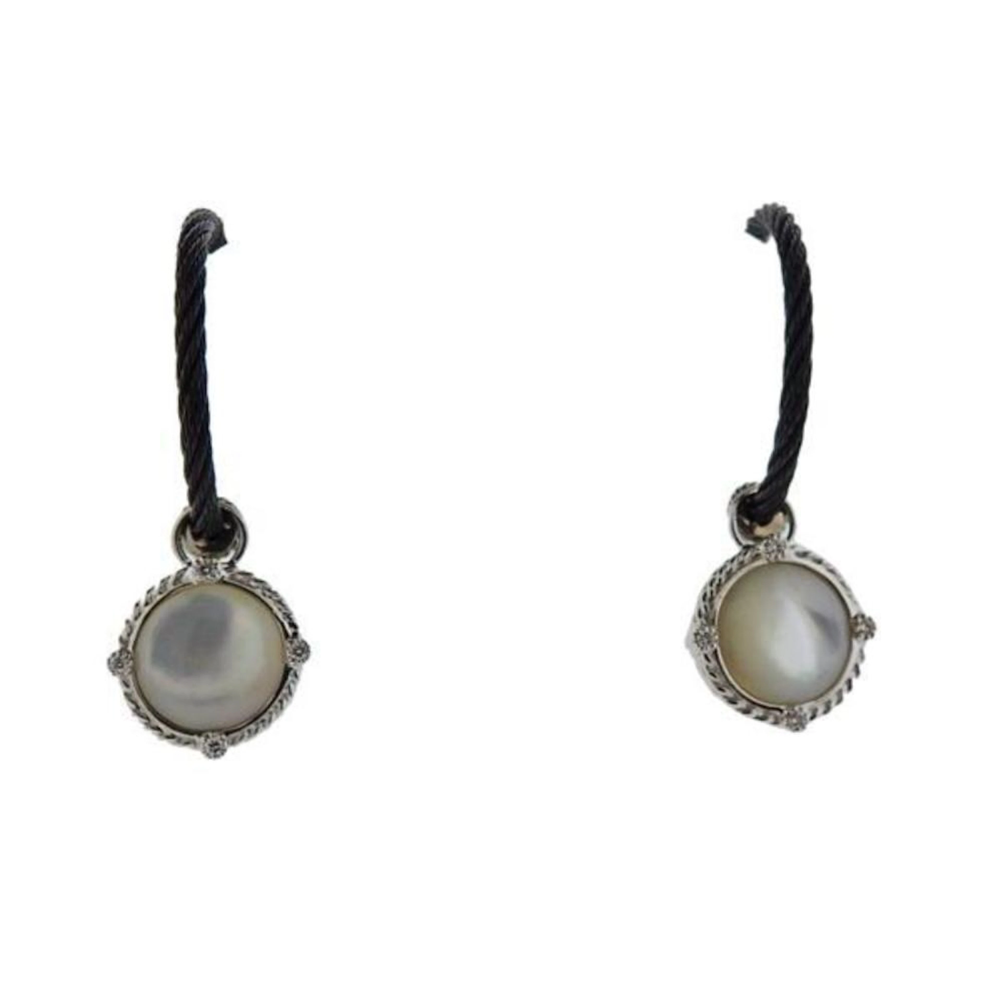 Charriol Noir Gold Black Steel Diamond MOP Charm Hoop Earrings