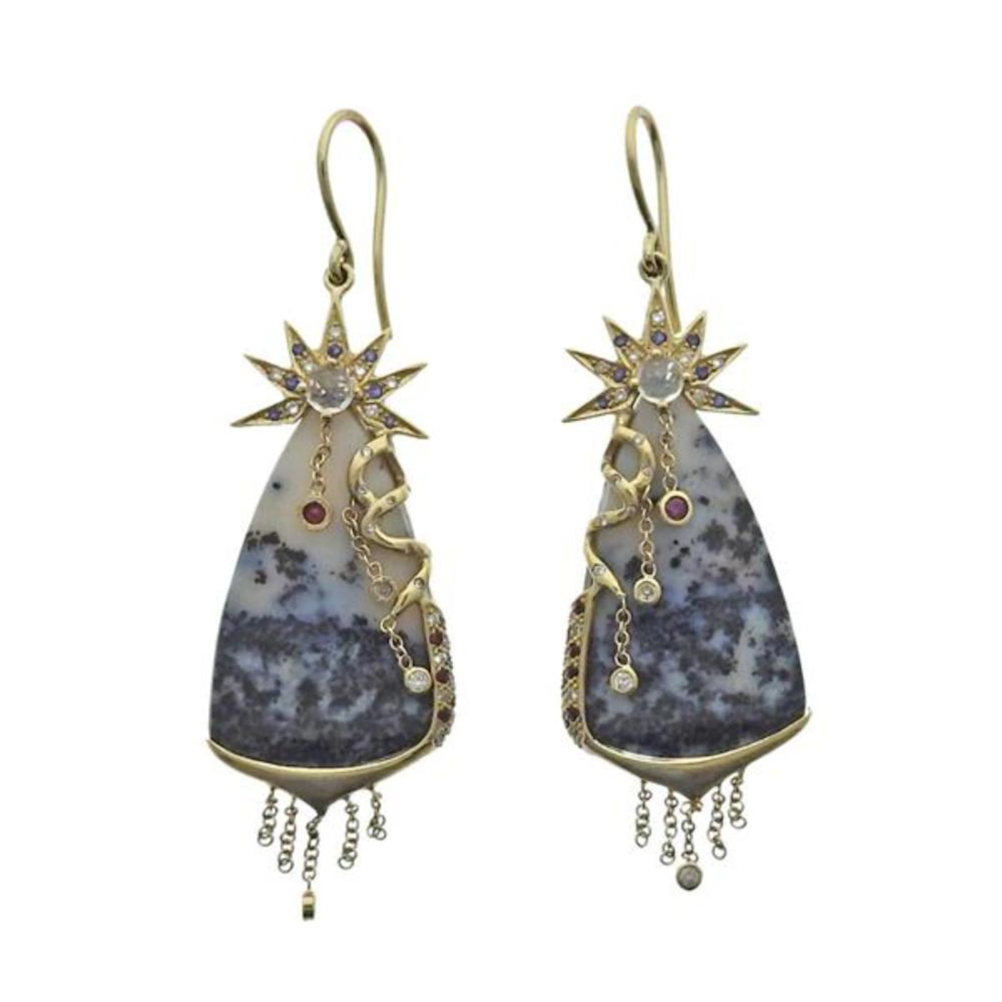 22k Gold Azurite Diamond Sapphire Ruby Earrings