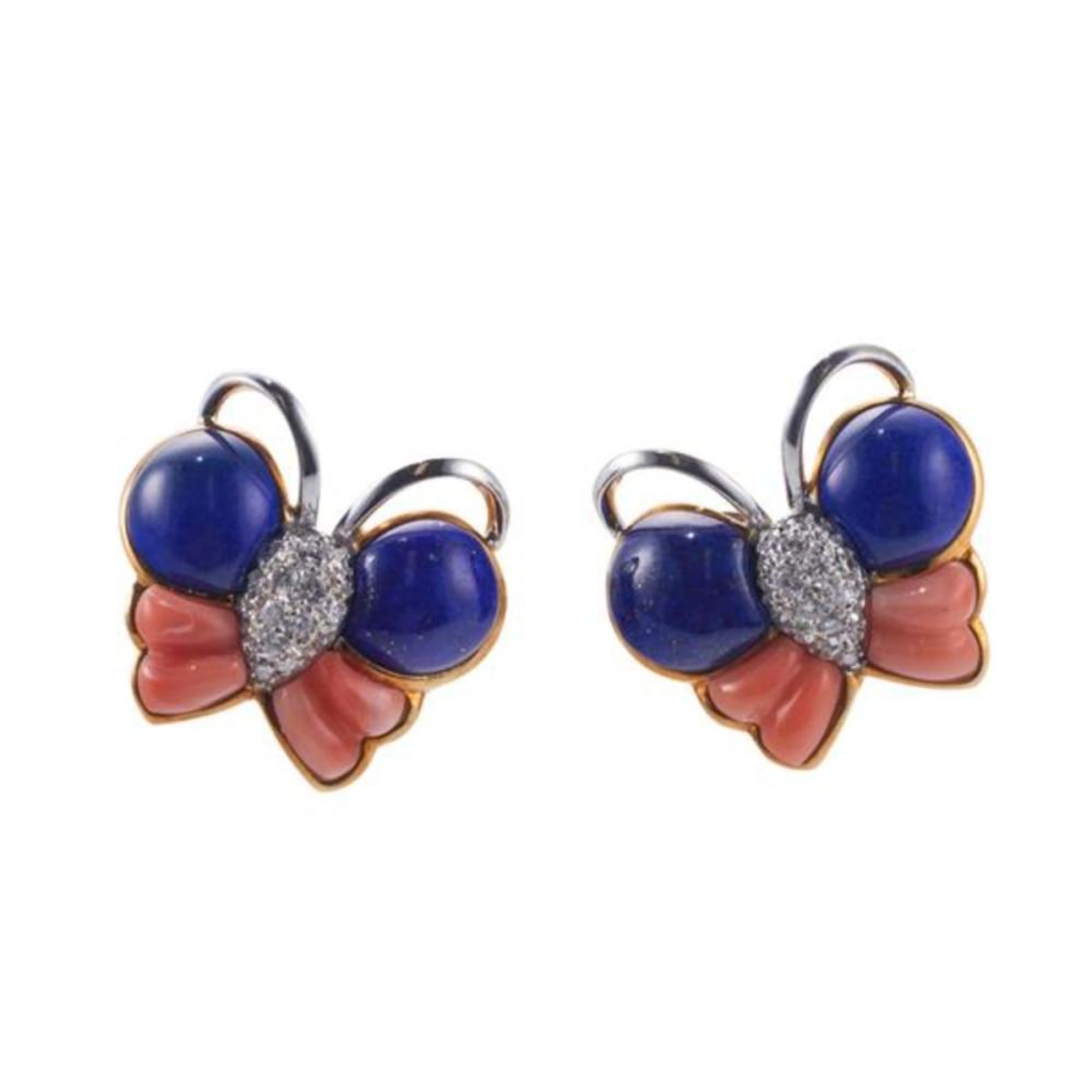 18k Gold Diamond Lapis Coral Butterfly Earrings