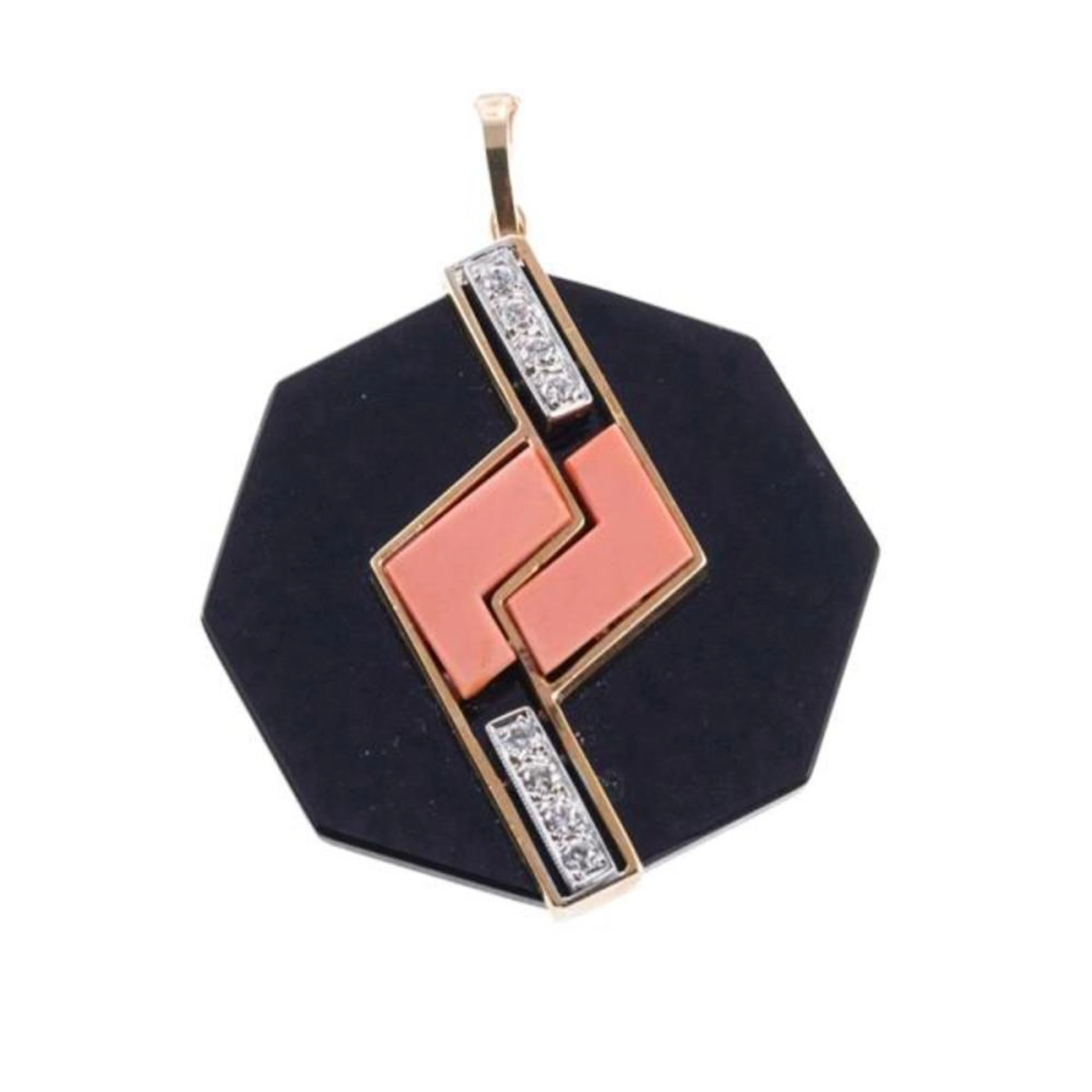 14k Gold Diamond Coral Onyx Pendant