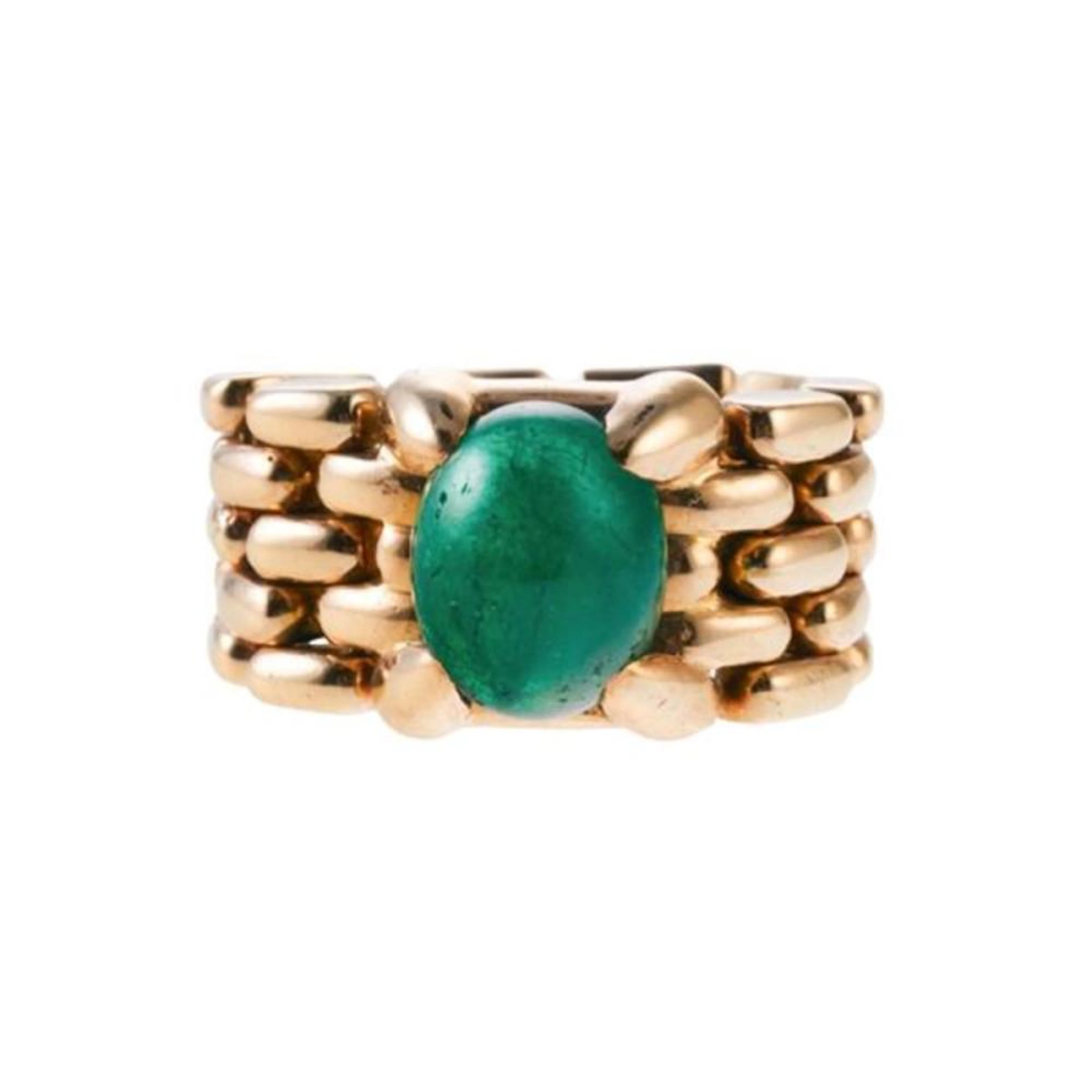 18k Gold Emerald Cabochon Mesh Wide Band Ring