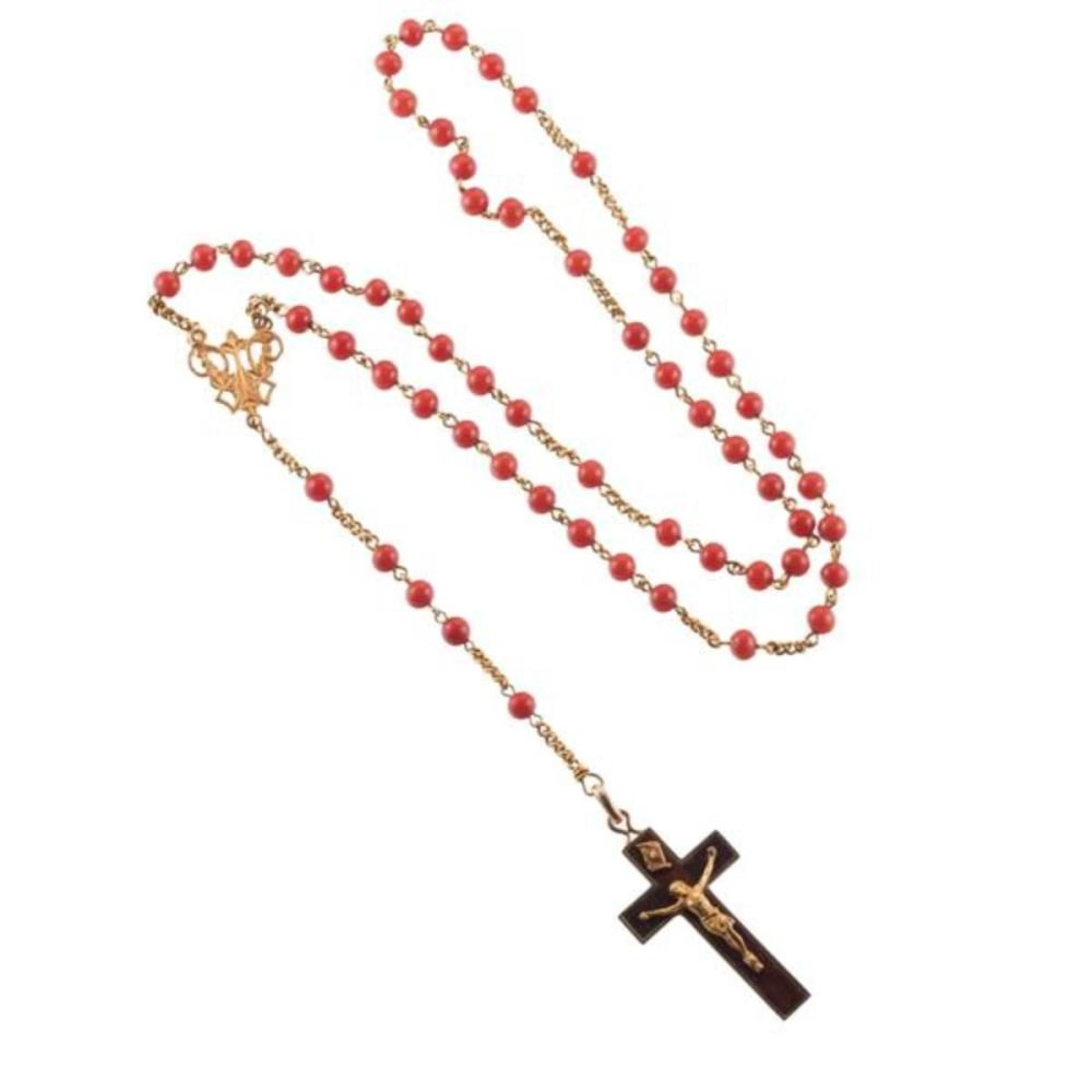 Antique 18K Gold Coral Rosary Bead Necklace
