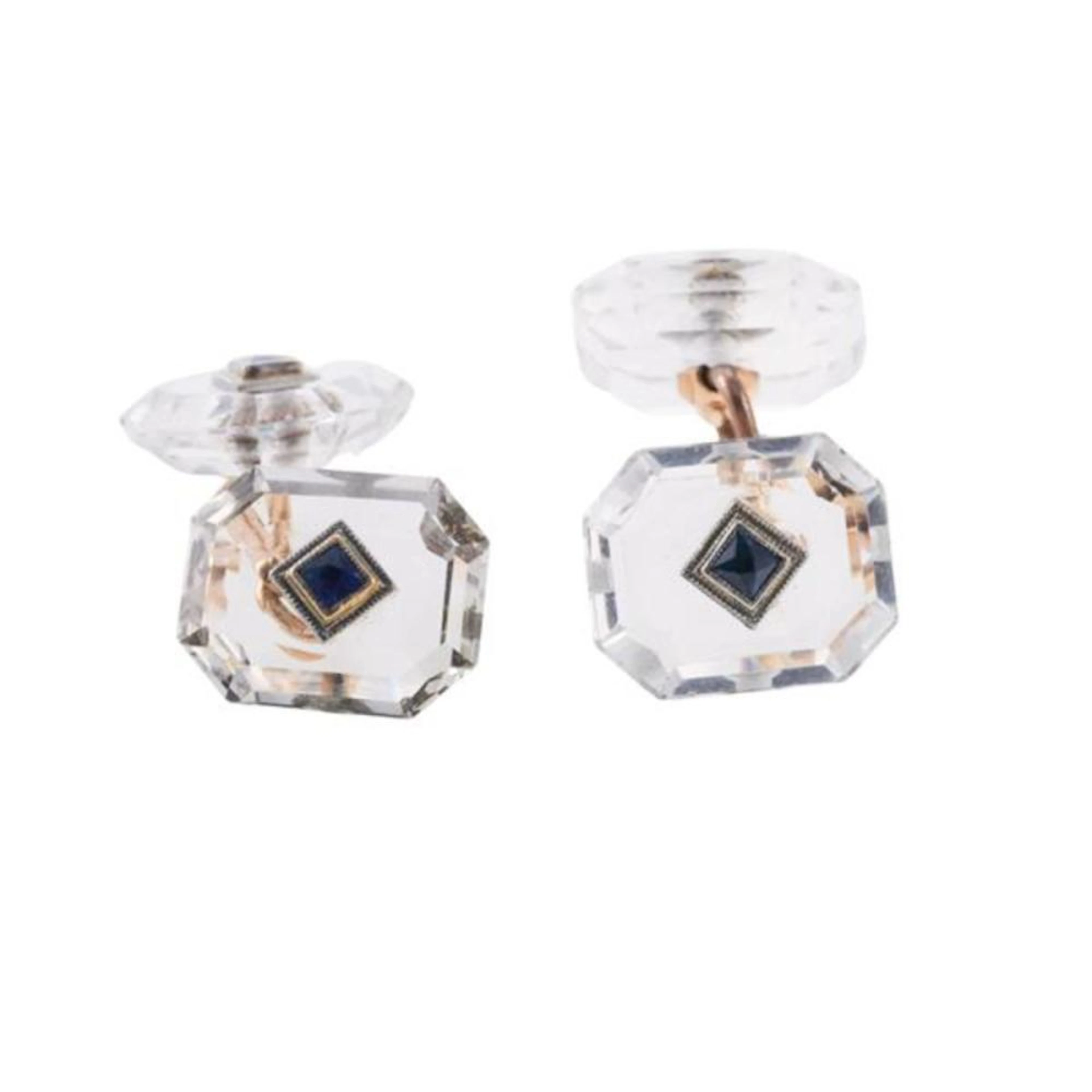 Krementz Art Deco 14k Gold Crystal Sapphire Cufflinks