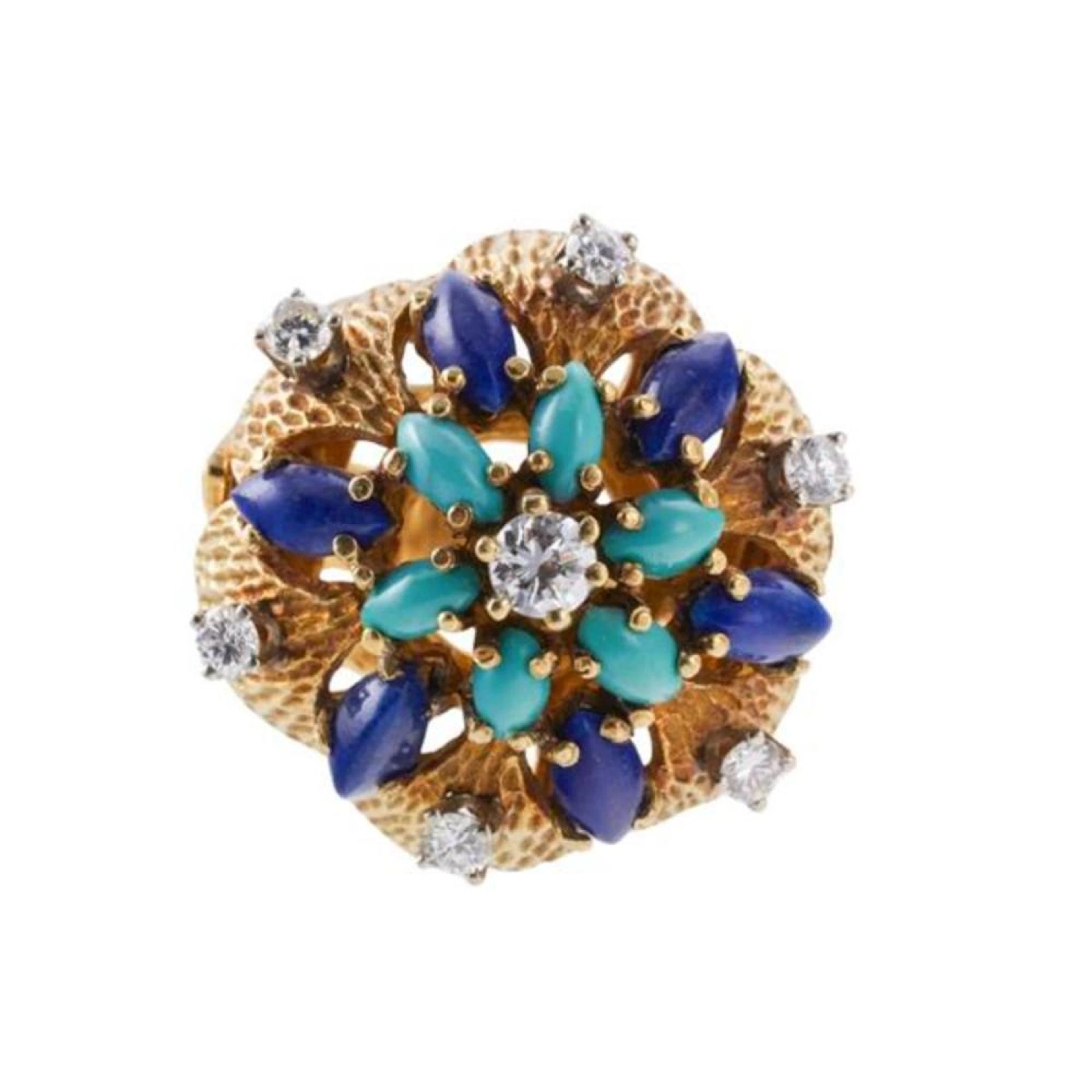 18k Gold Diamond Turquoise Lapis Cocktail Ring