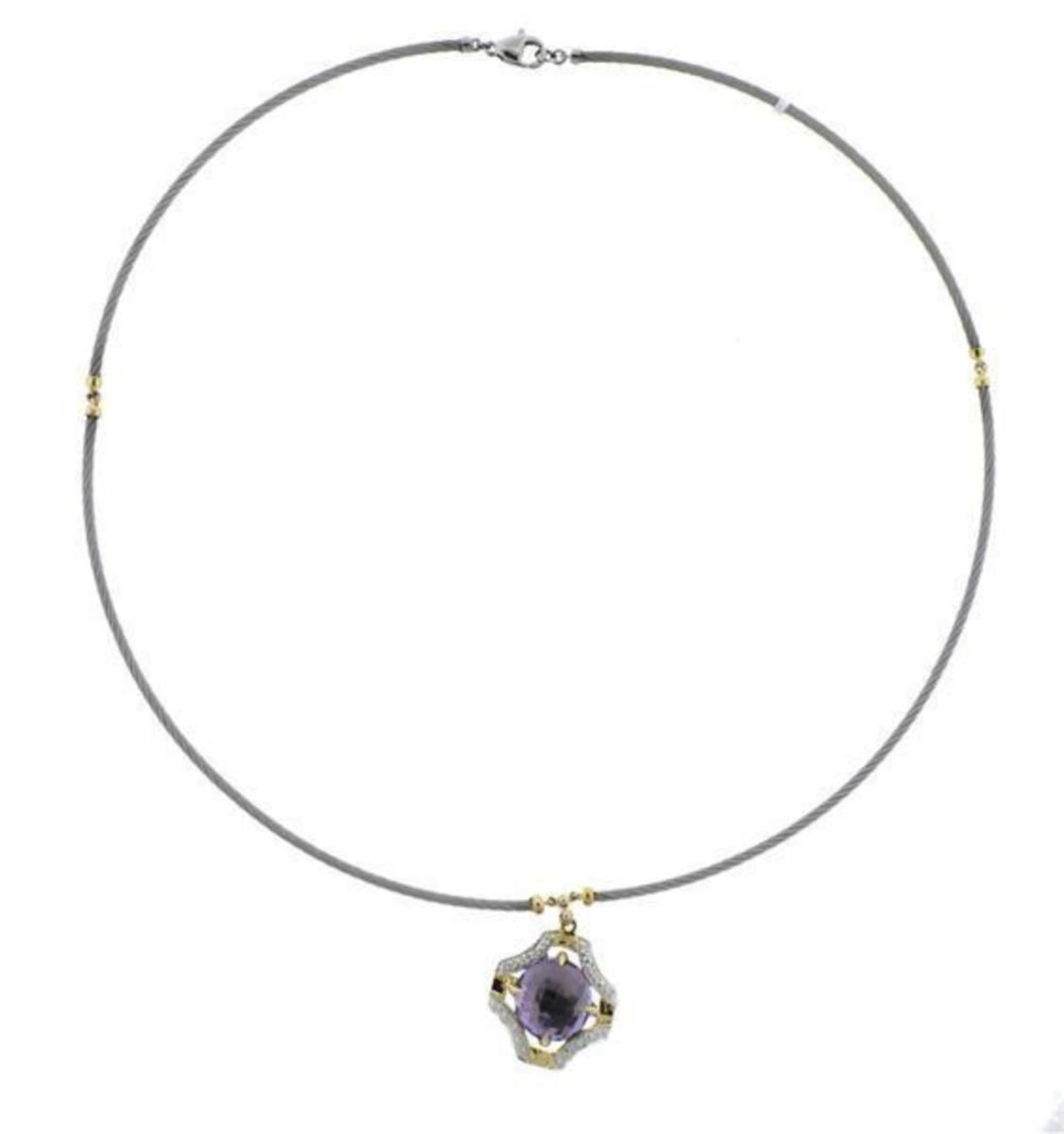 Charriol 18k Gold Steel Diamond Amethyst Pendant Necklace
