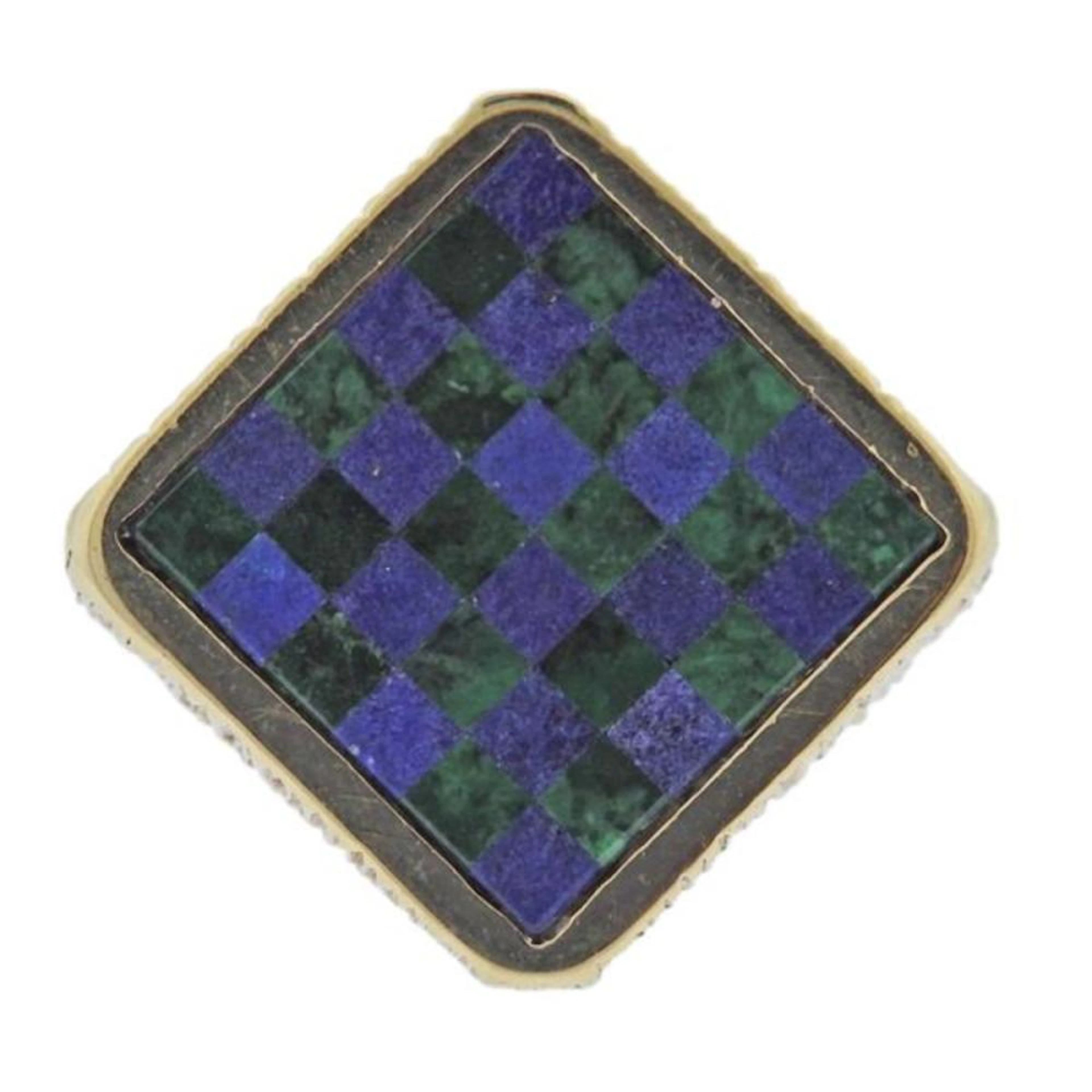 1970s 14k Gold Lapis Azurite Checkered Inlay Ring