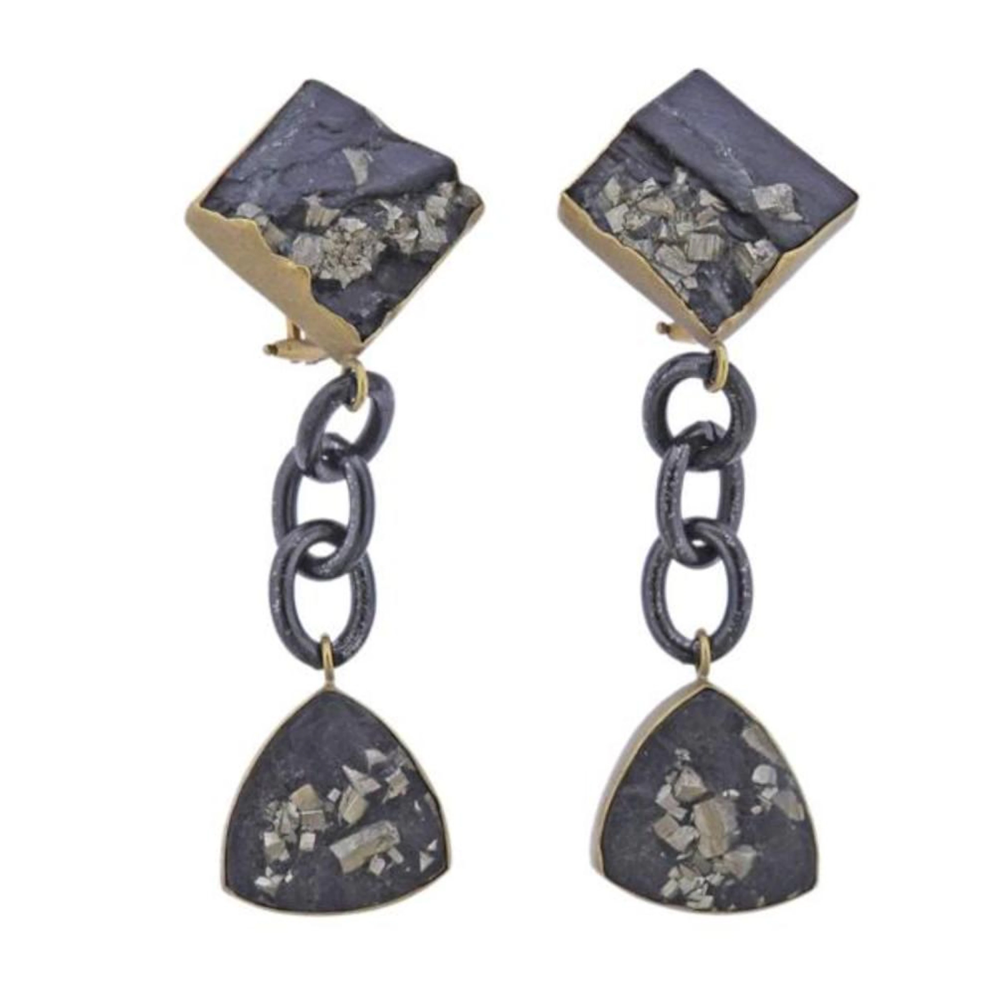 18k Gold Steel Pyrite Drop Earrings
