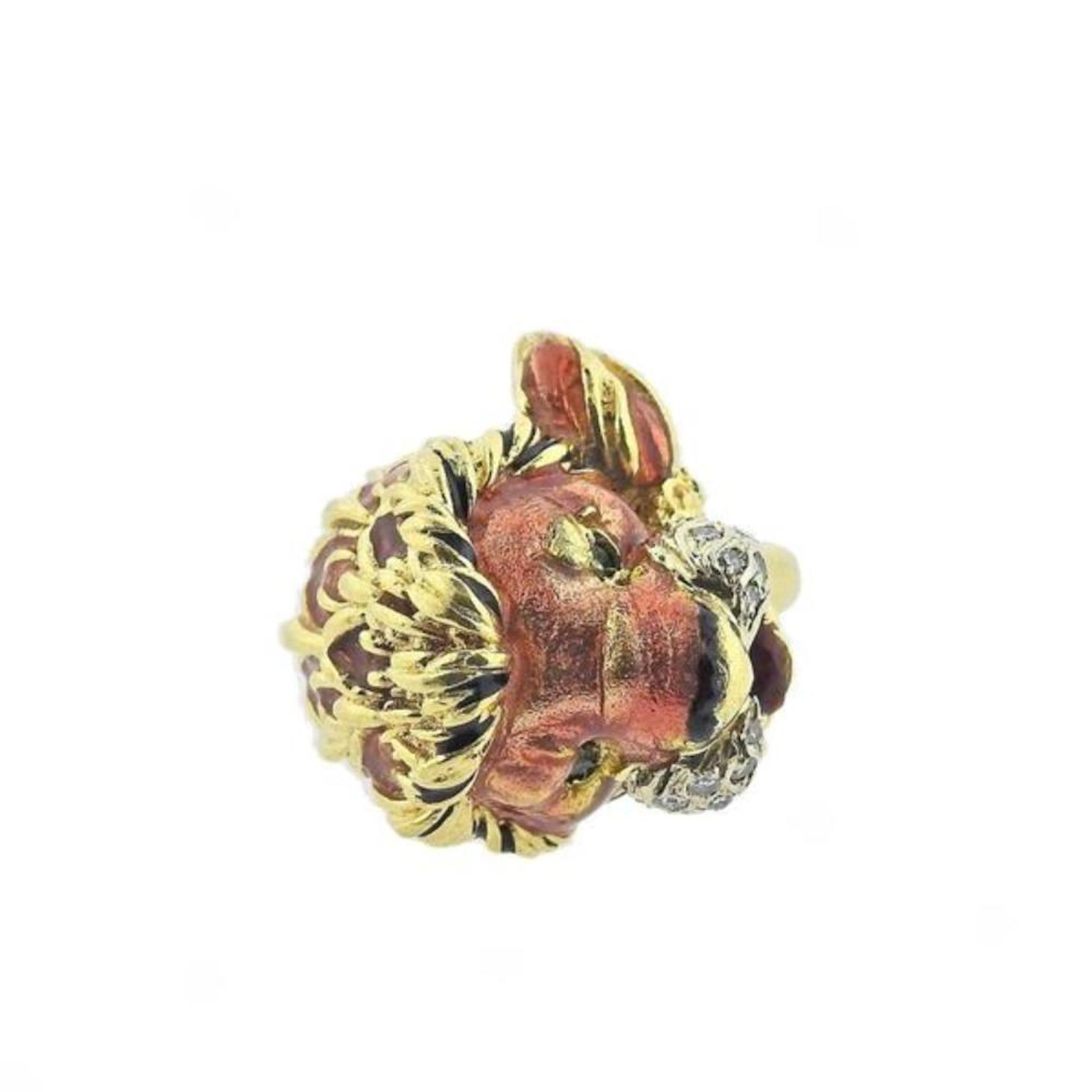 Frascarolo Enamel Diamond Lion Head Gold Ring