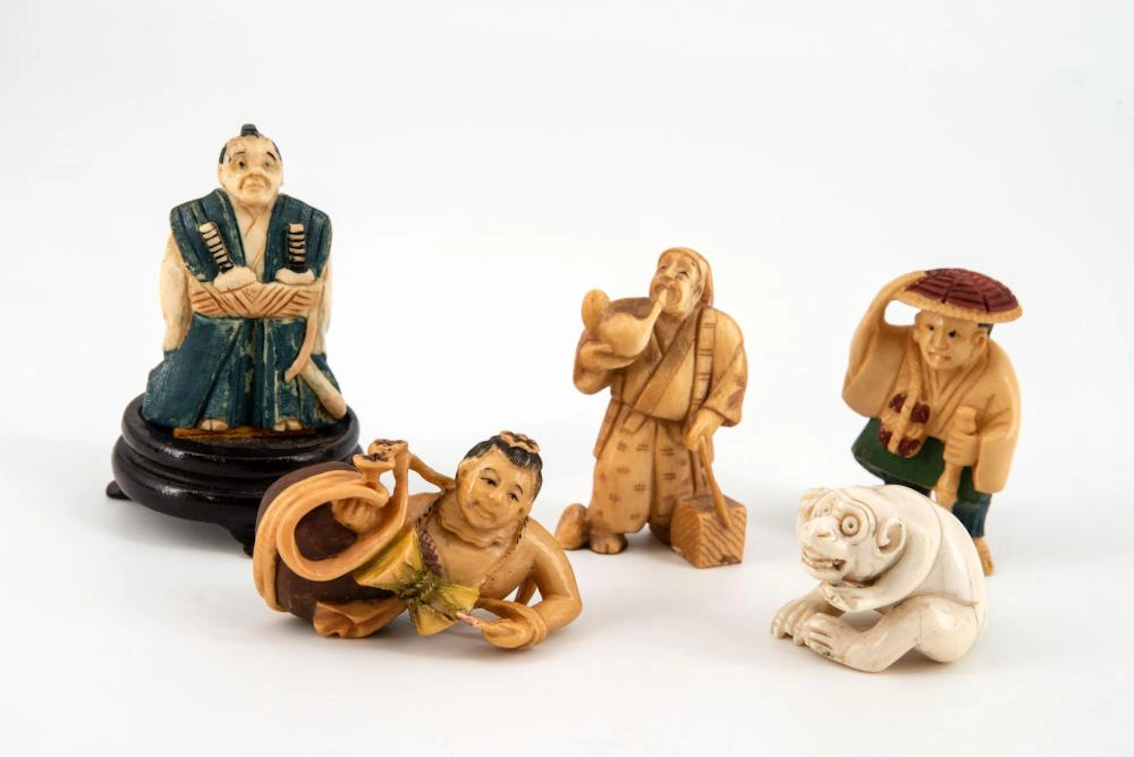 FIVE CARVED POLYCHROME KATABORI NETSUKE