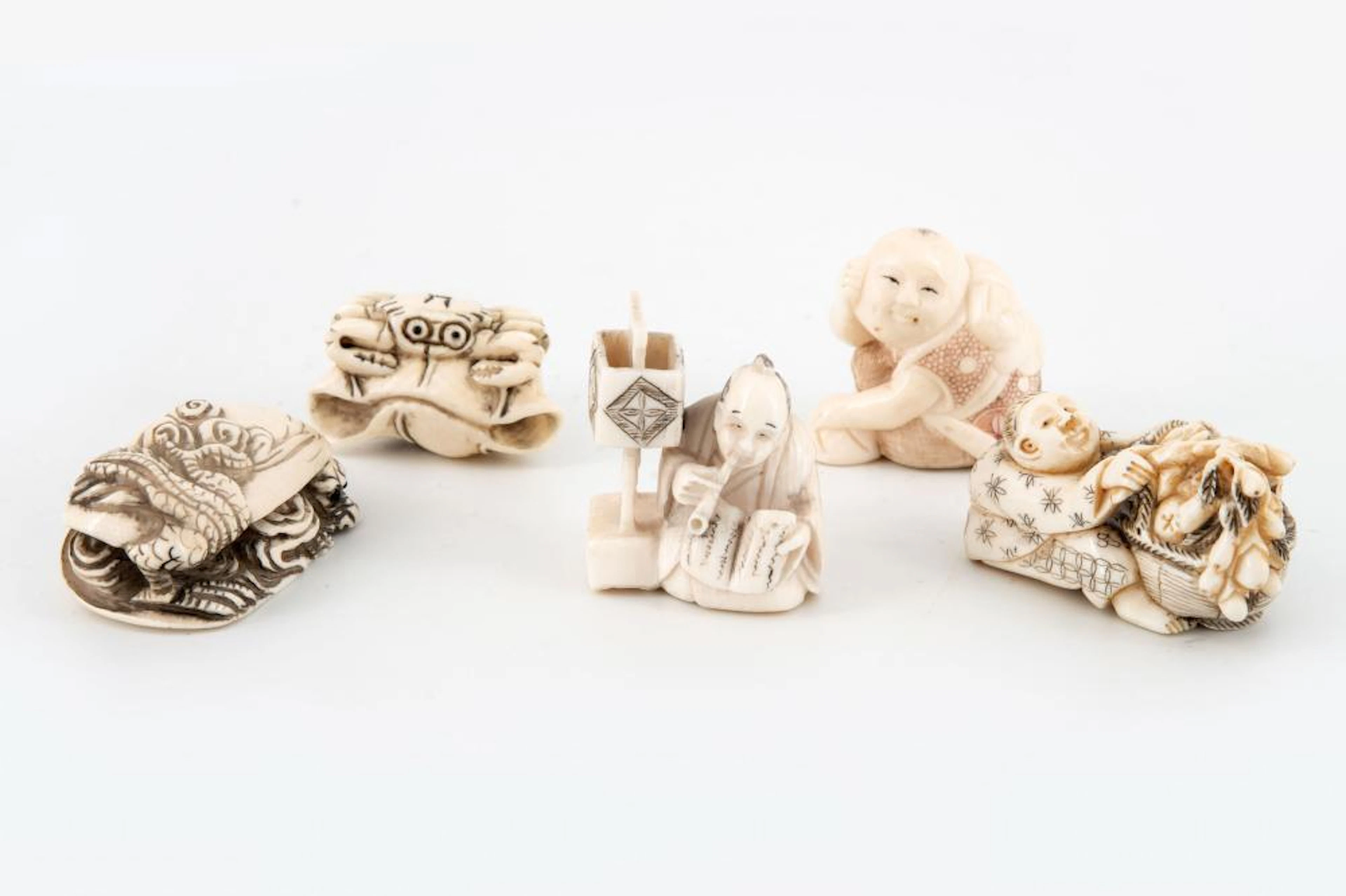 FIVE ANTIQUE CARVED KATABORI NETSUKE, JAPA