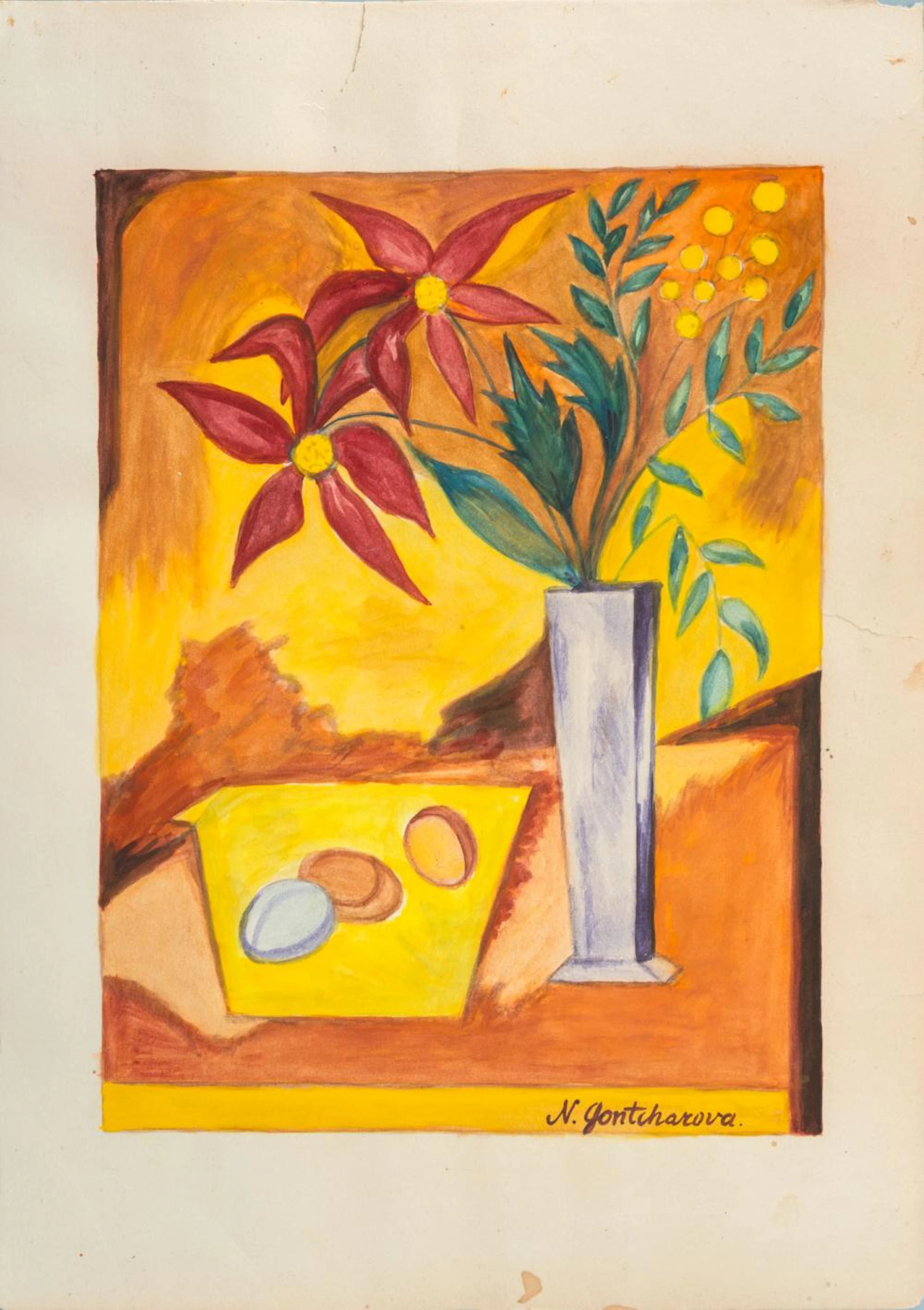 ATALIA GONTCHAROVA (1881-1962), PECHES ET FLEURS DANS UN VASE