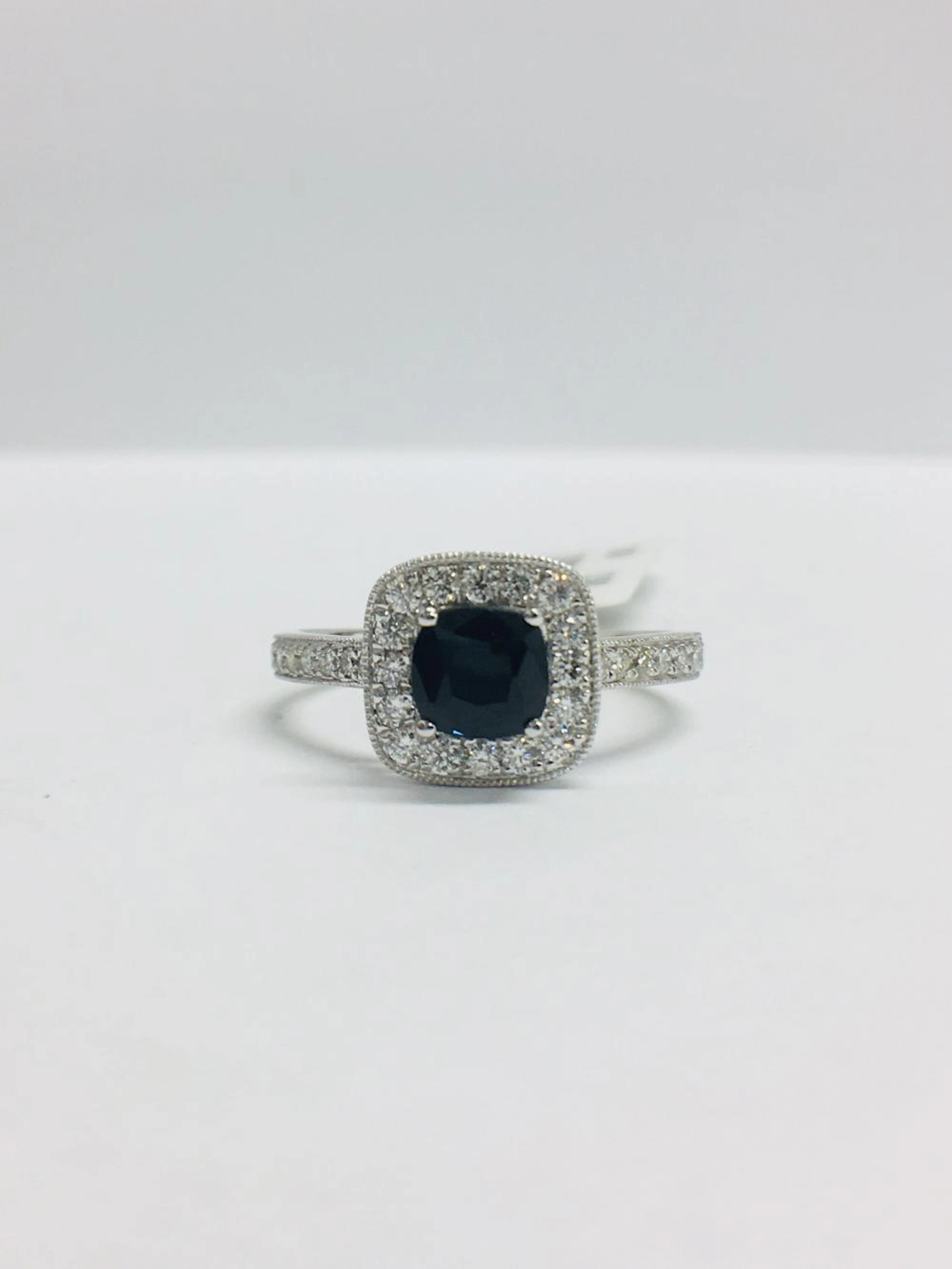 9Ct White Gold Cushion Shape Sapphire Diamond Dress Ring,