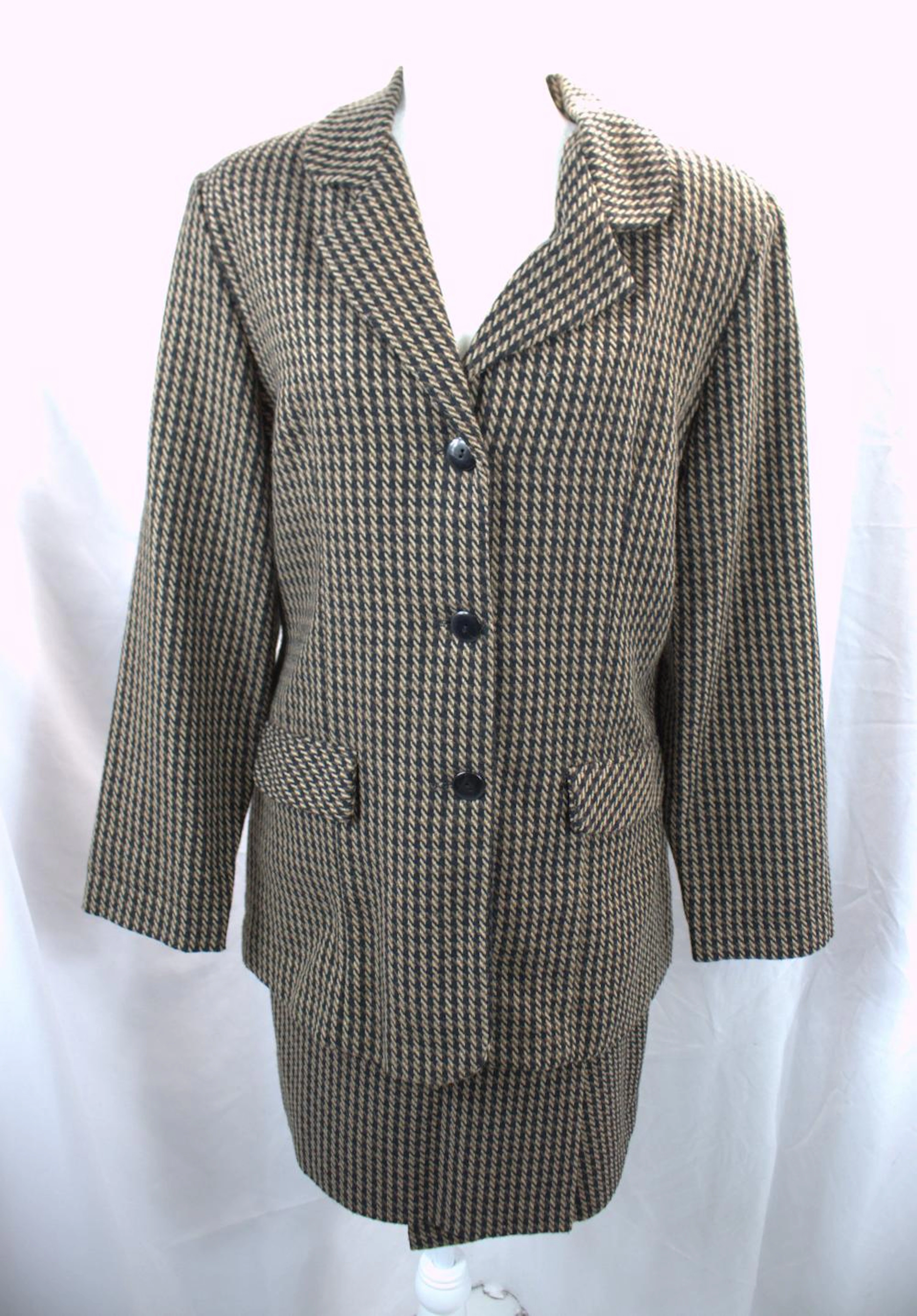 Vintage 1980's Maggie Lawrence Black & Brown Wool Blend Wrap Skirt & Jacket Set
