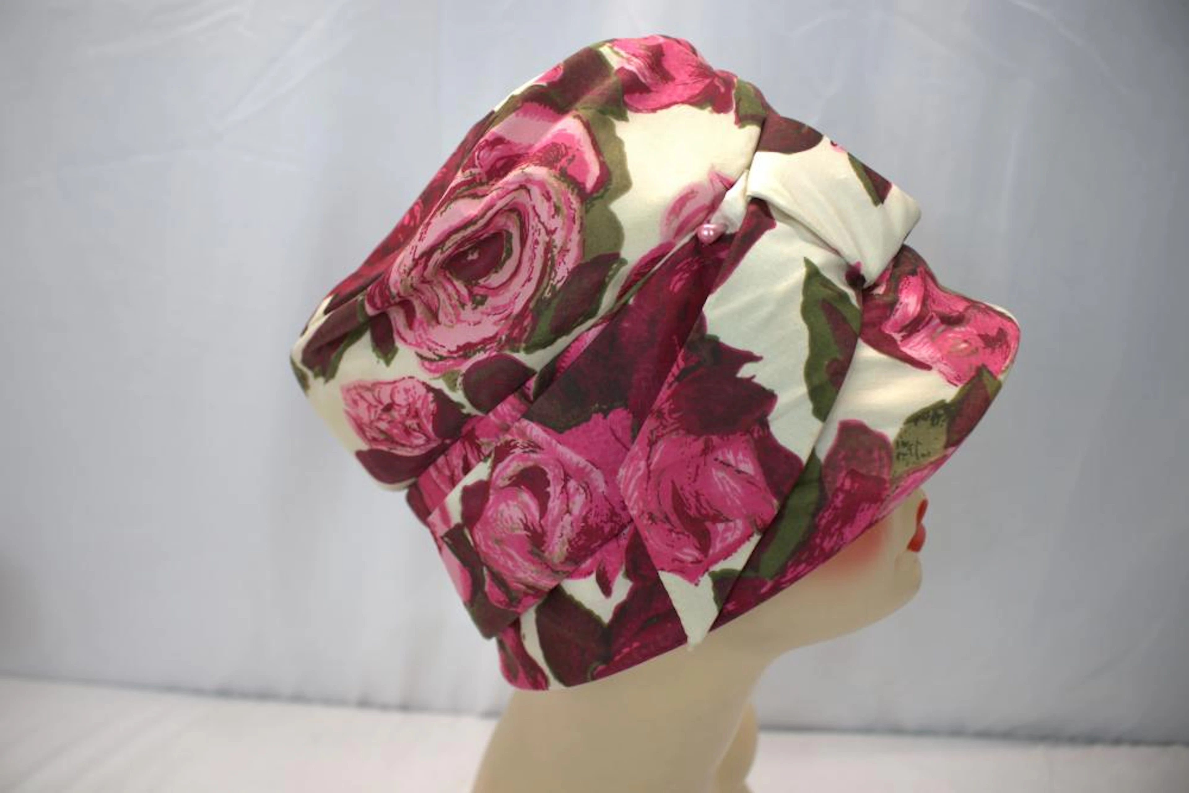 Vintage 1950's Lilly Dache' Rose Print Silk Cloche