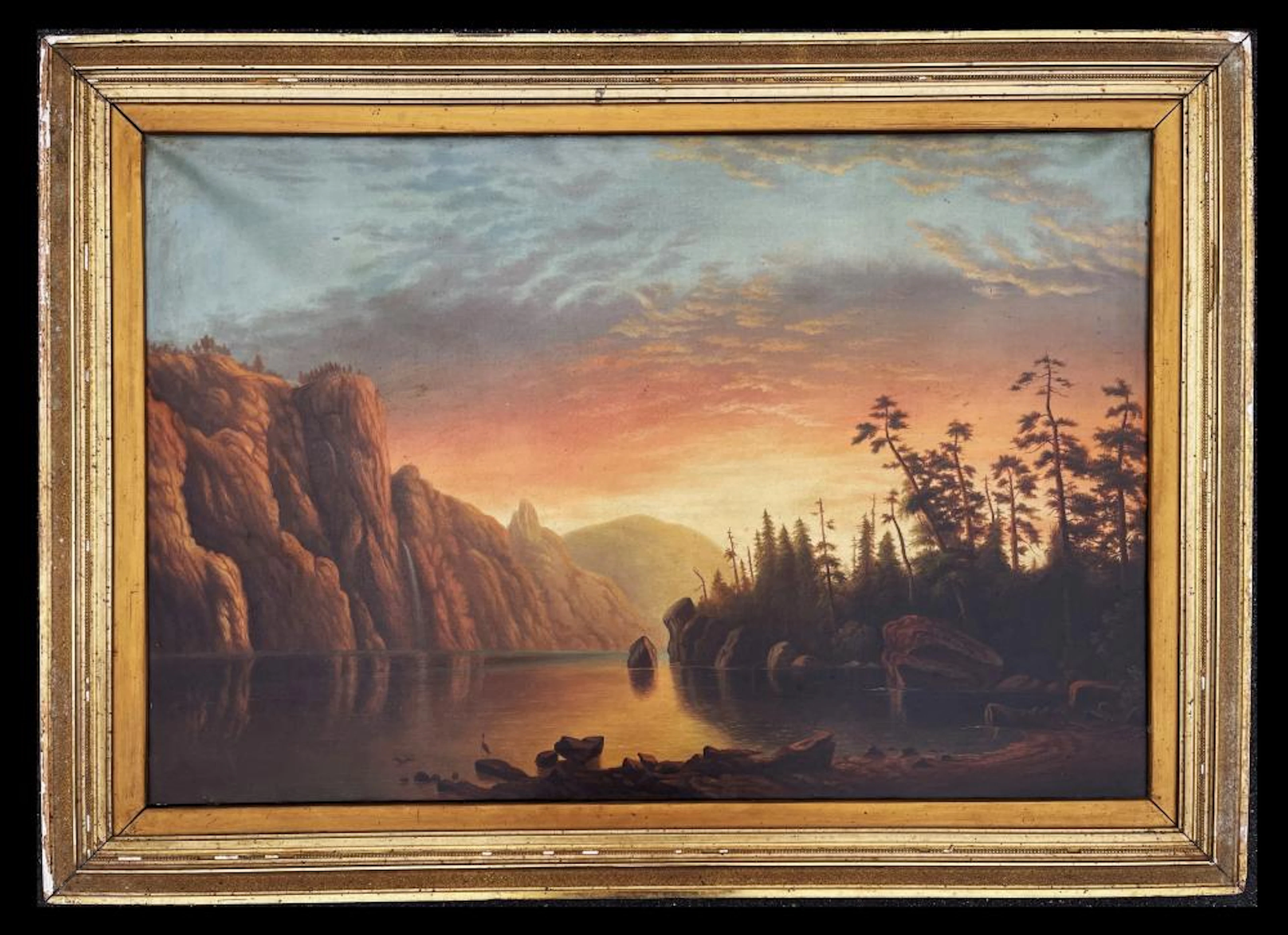 HUGE PERIOD WESTERN LAKESIDE ,RIVER WITH WATERFALL AND CLIFF LANDSCAPE