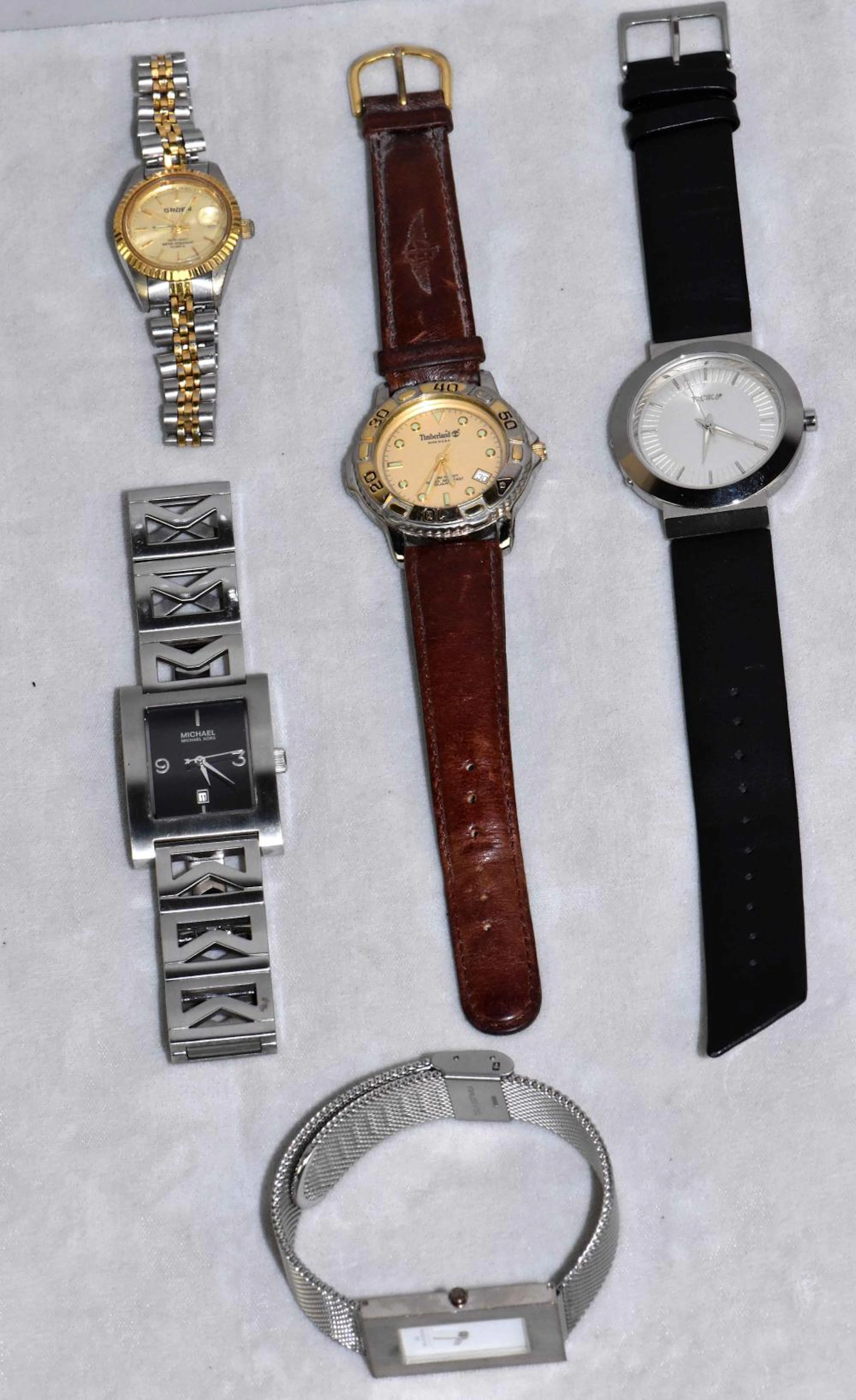 COLLECTION OF (5) WATCHES, including Timberland, Troika, Gruen (water resistant quartz), Skagen (Denmark) and Michael Kors. Estate of Stephen Totter.
