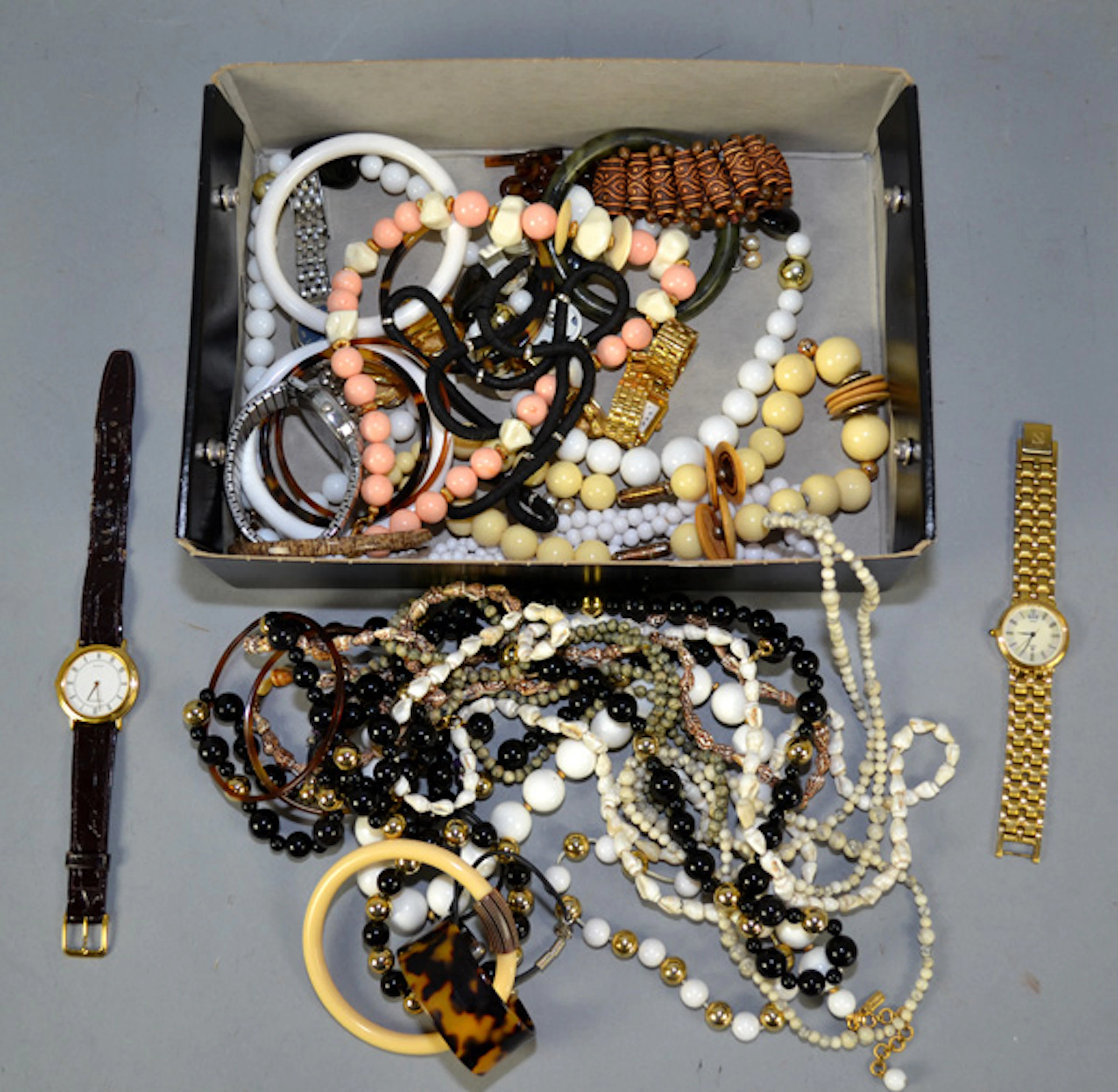 ASSORTED COSTUME JEWELRY - includes a Lassale Lady's watch, a Noblia Lady's watch, a Seiko Watch and an assortment of beaded jewelry and bracelets - Condition: Age appropriate Wear; All items sold as 