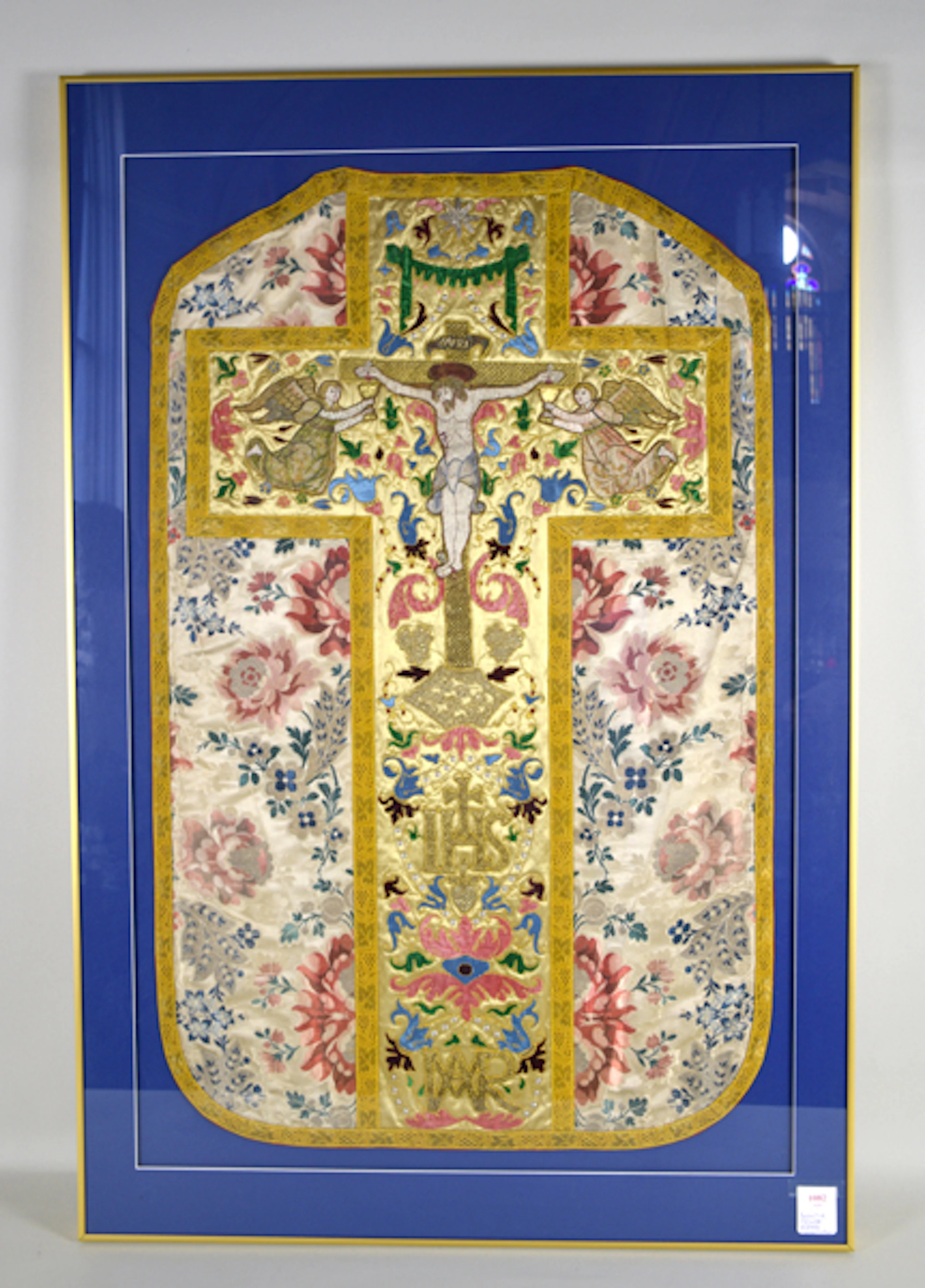BYZANTINE CHASUBLE VESTMENT - 1800's detailed with gold and silk stitching depicting ''Crucifixtion and Ascending Angels''; Professionally restored and framed under glass; Measures: Art 43''H x 26.75'
