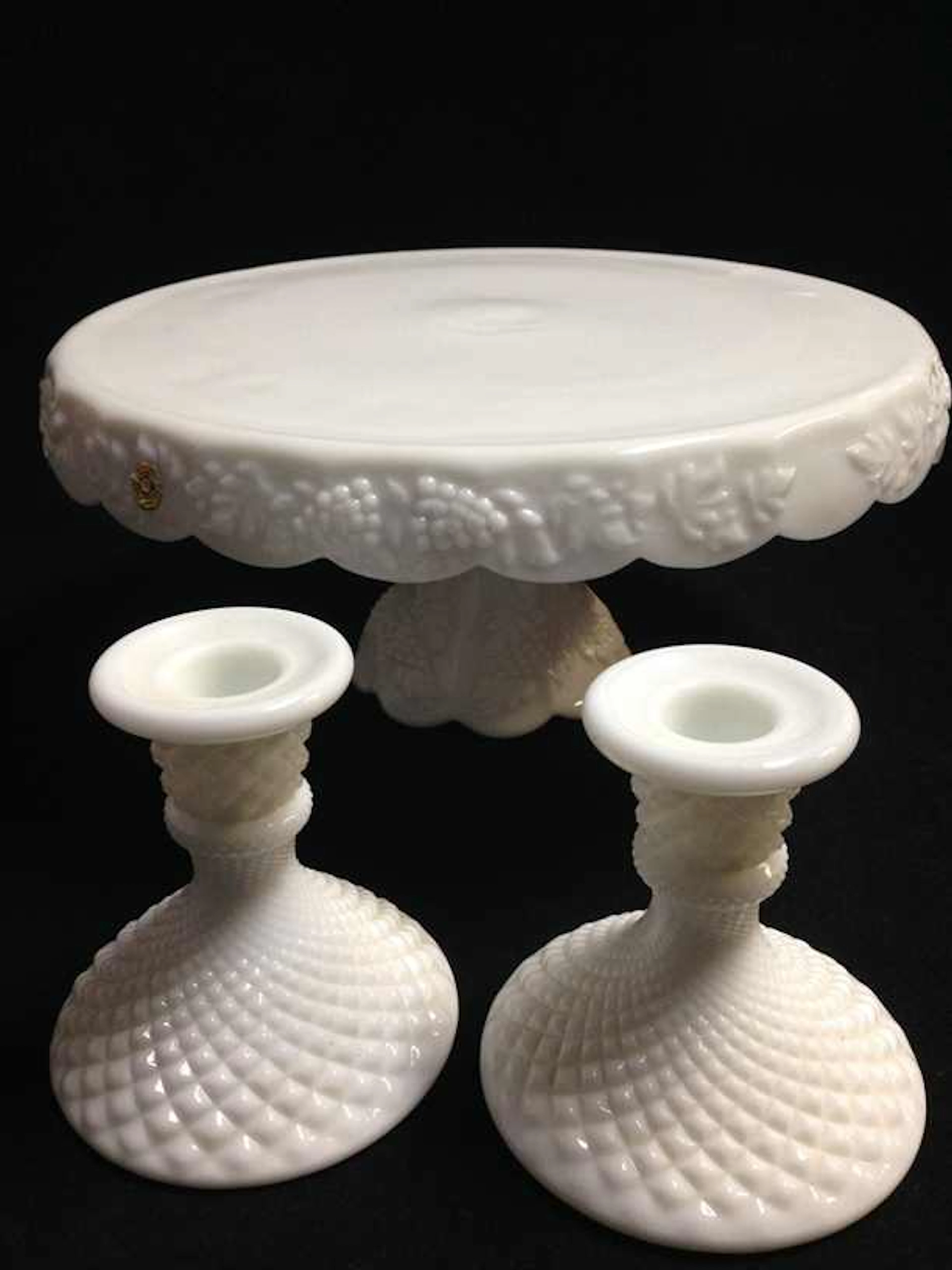 Vintage WESTMORELAND Cake Stand w/two Mike Glass Candle Holders.