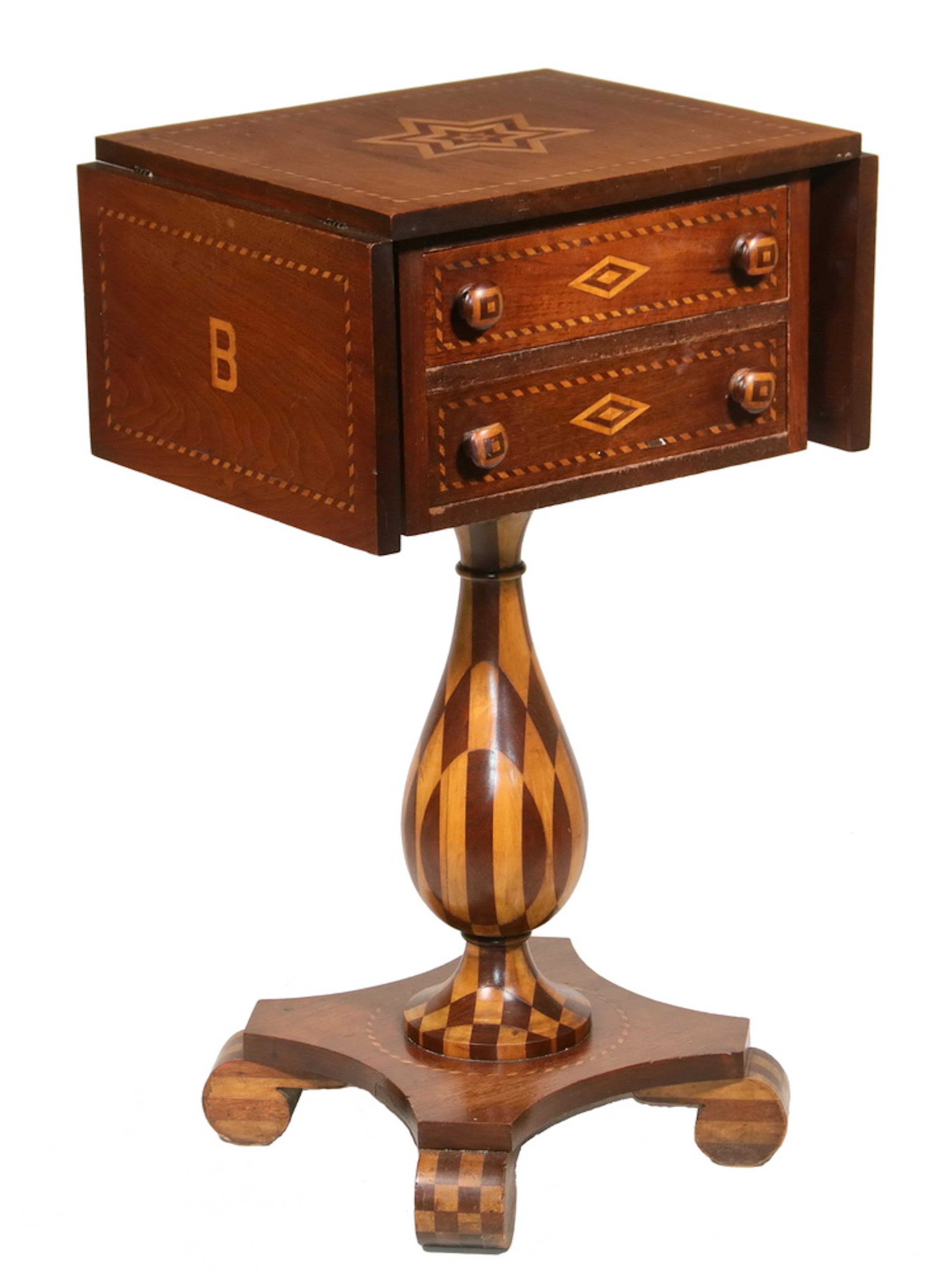 FOLK ART INLAID DROP LEAF WORK STAND WITH FIREHOUSE PROVENANCE