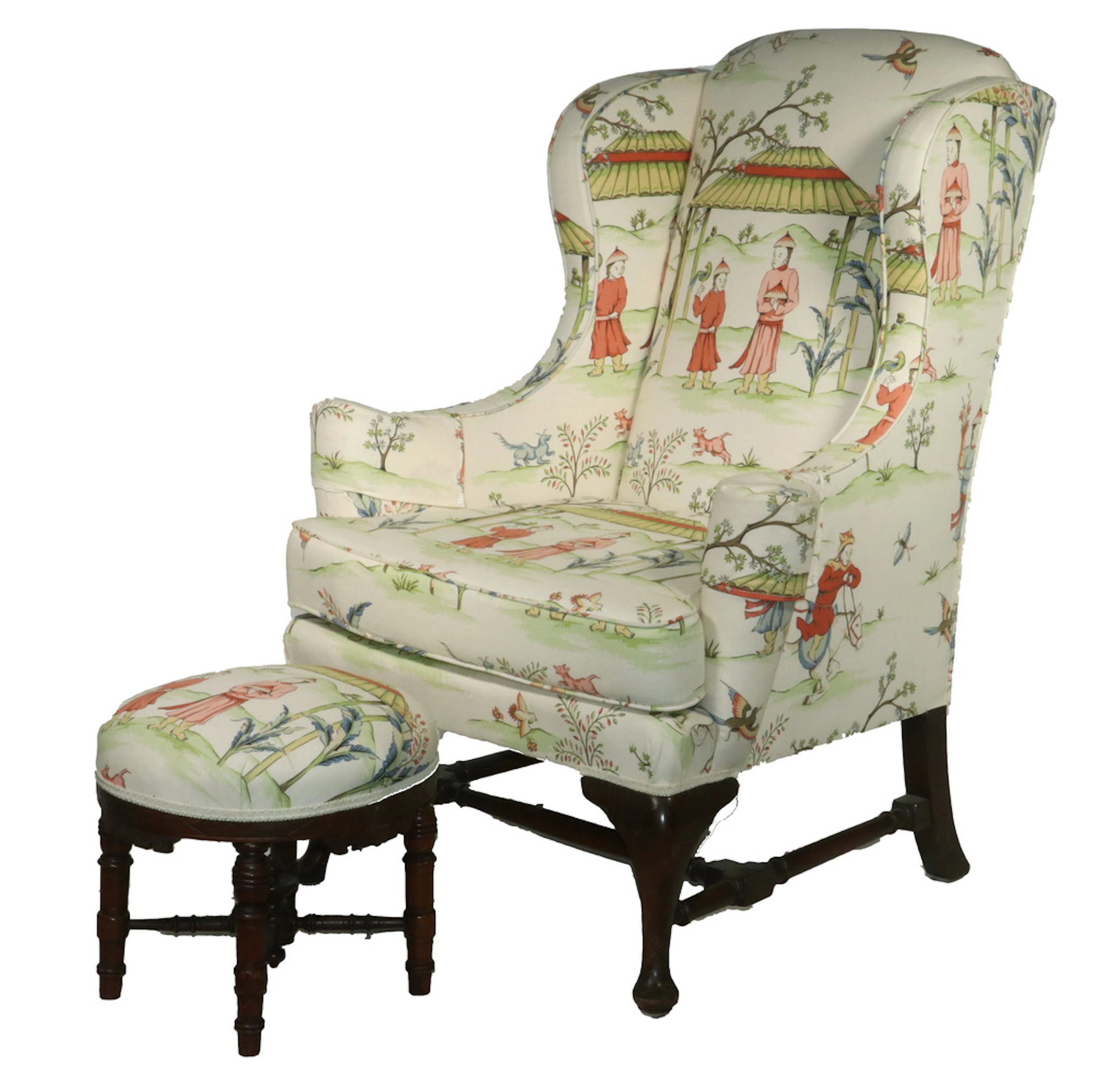 CUSTOM WING CHAIR & VICTORIAN FOOTSTOOL