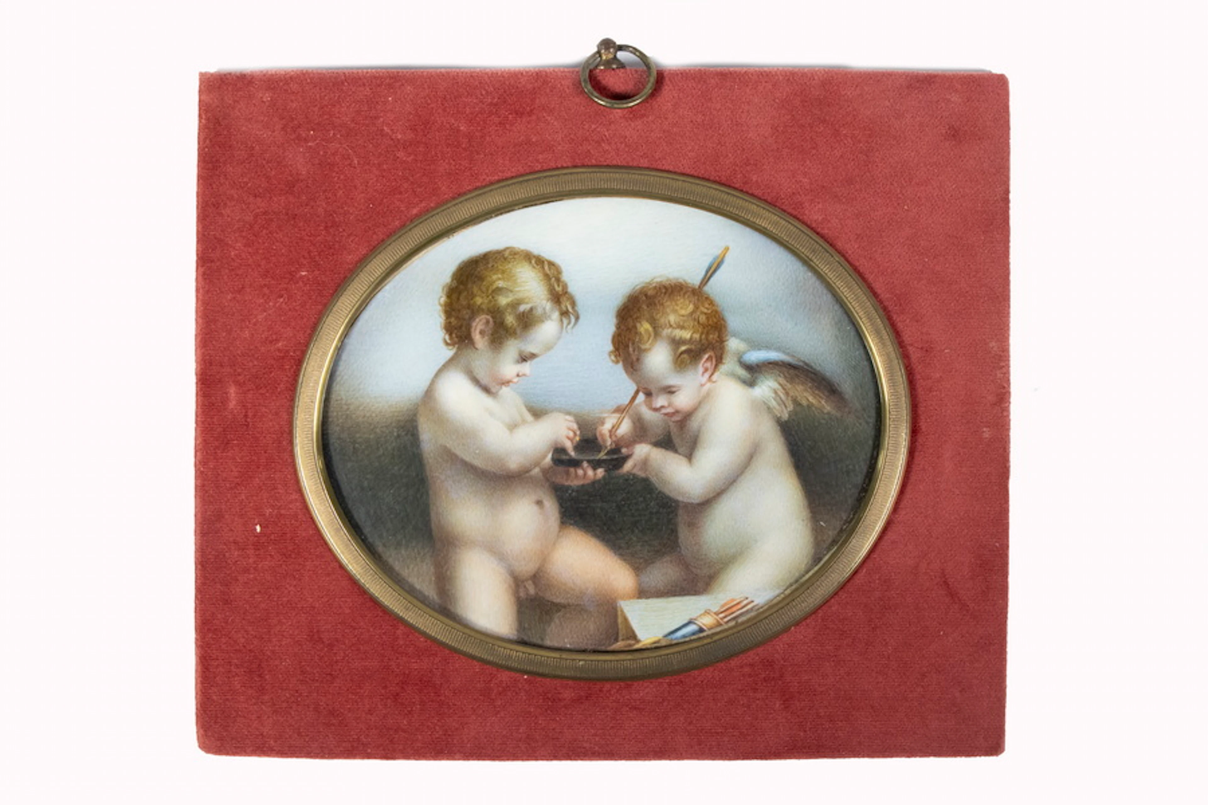 19TH C. MINIATURE ON IVORY OF TWO CUPIDS