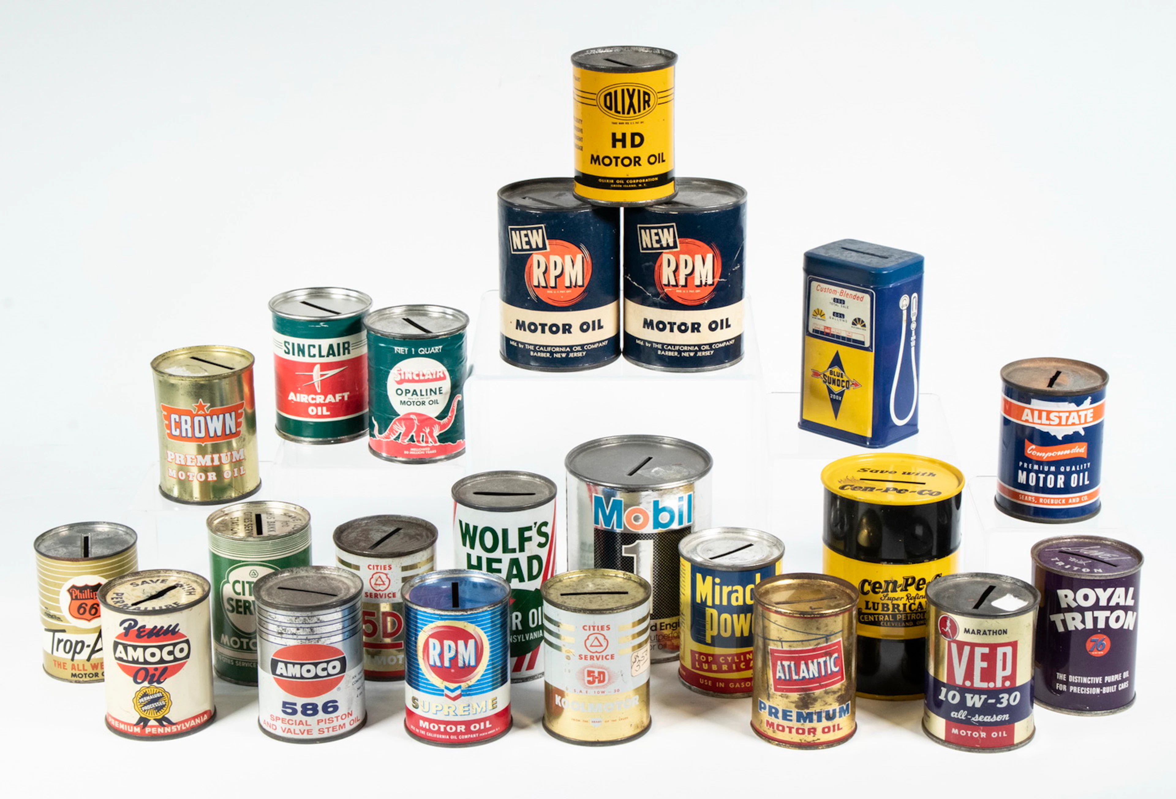 (22) VINTAGE TIN LITHO PETROLIANA - MOTOR OIL ADVERTISING STILL BANKS