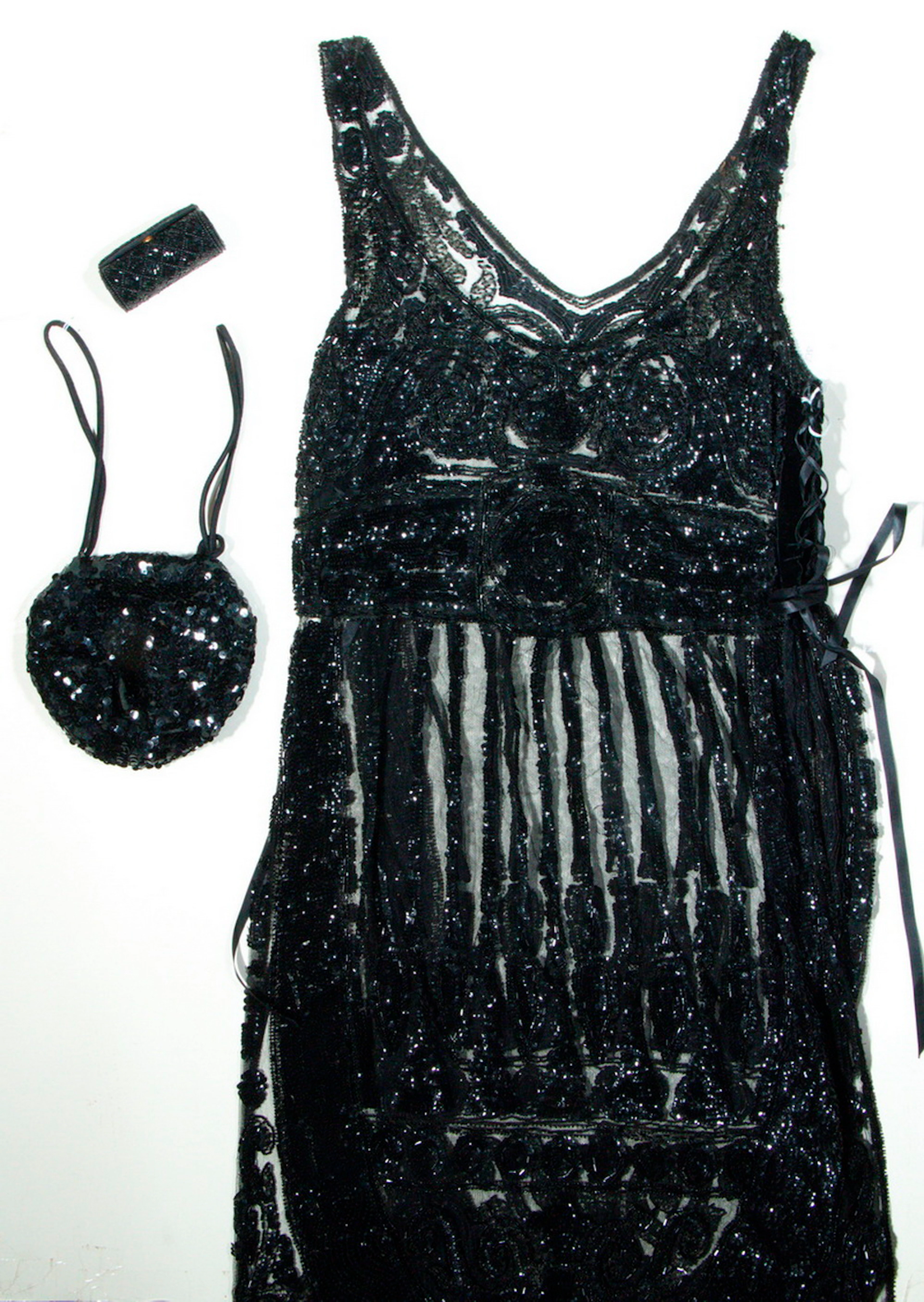 (3 PCS) VINTAGE FLAPPER DRESS, PLUS (2) ACCESSORIES