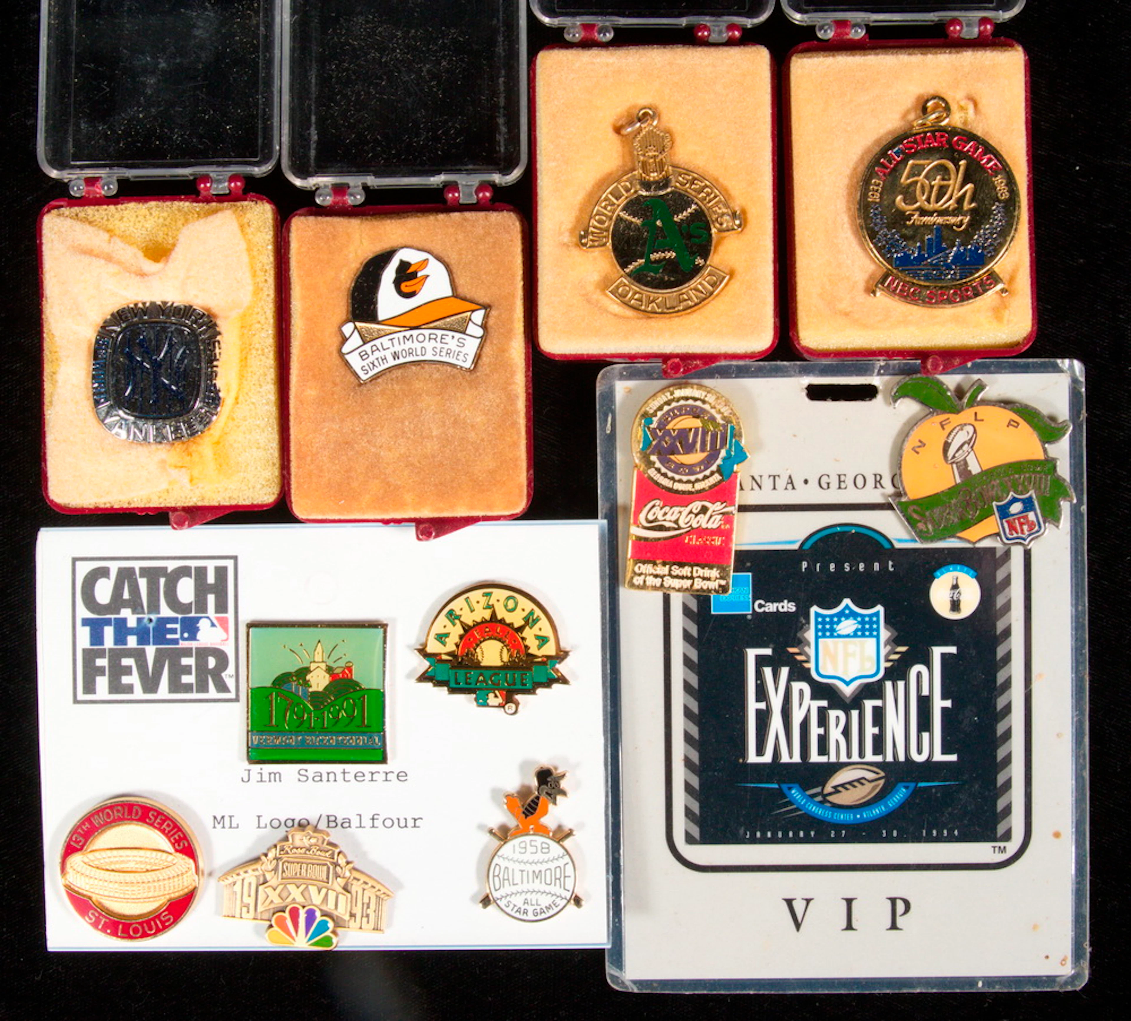 (11) ENAMELED SPORTS PINS W/ (2) VIP CARDS