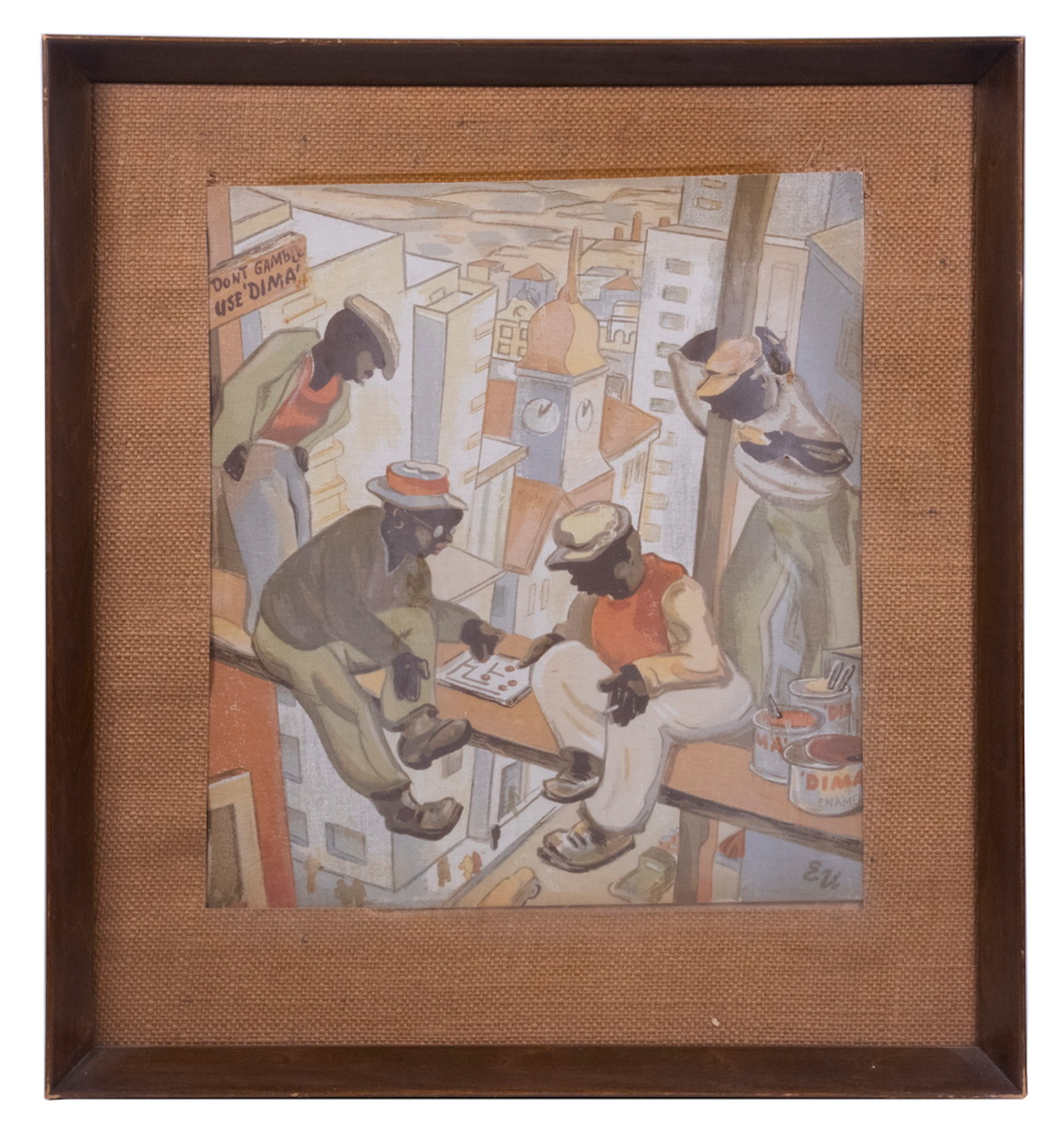 PAINTING OF AFRICAN-AMERICAN BUILDERS, 1930'S, INITIALED "E.U."