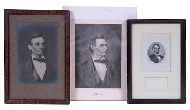 (3) ENGRAVED PORTRAITS OF LINCOLN (1 W/ CLIPPED AUTOGRAPH, 2 FRAMED)