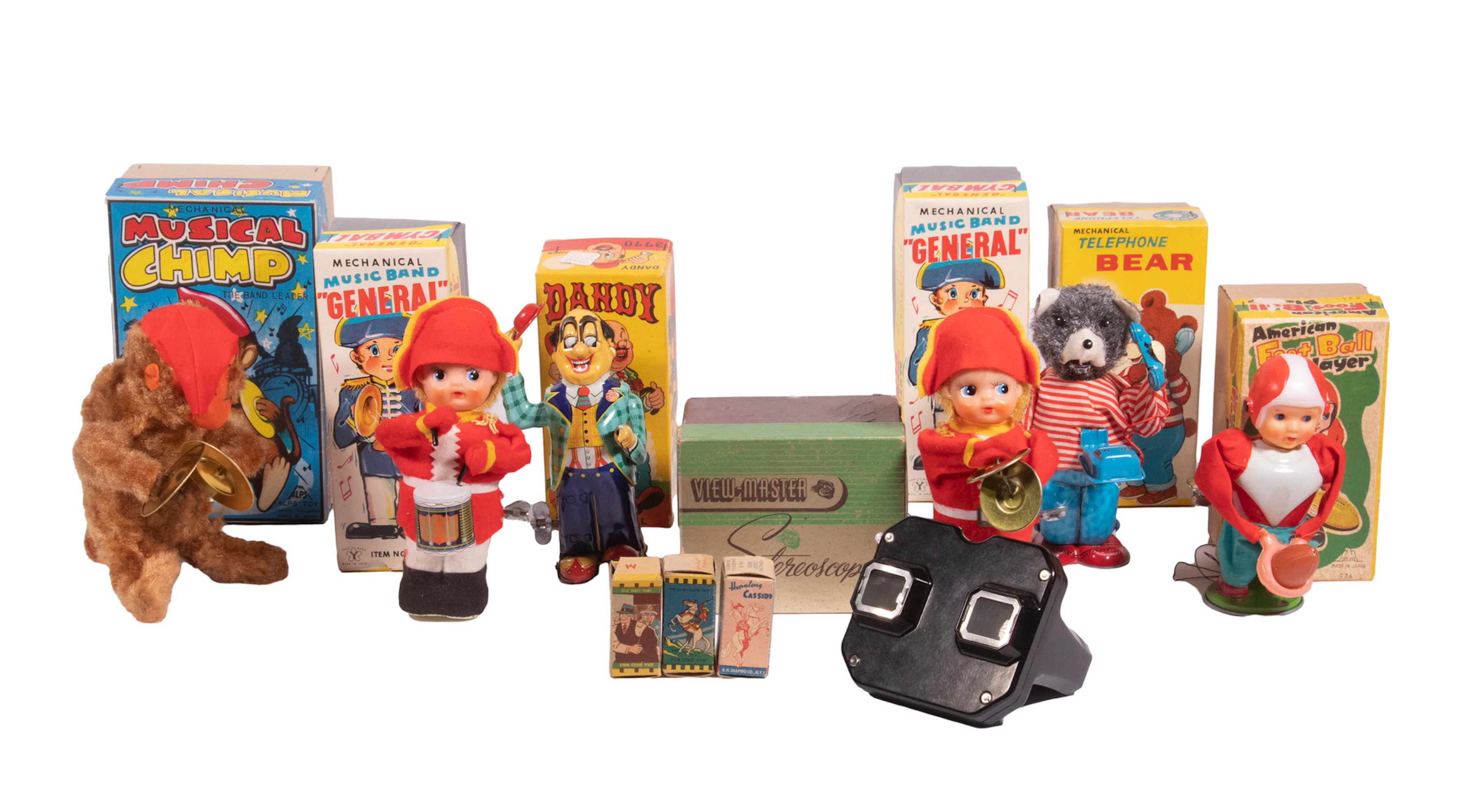 VINTAGE JAPANESE TIN CLOCKWORK TOYS, VIEWMASTER & FILM STRIPS