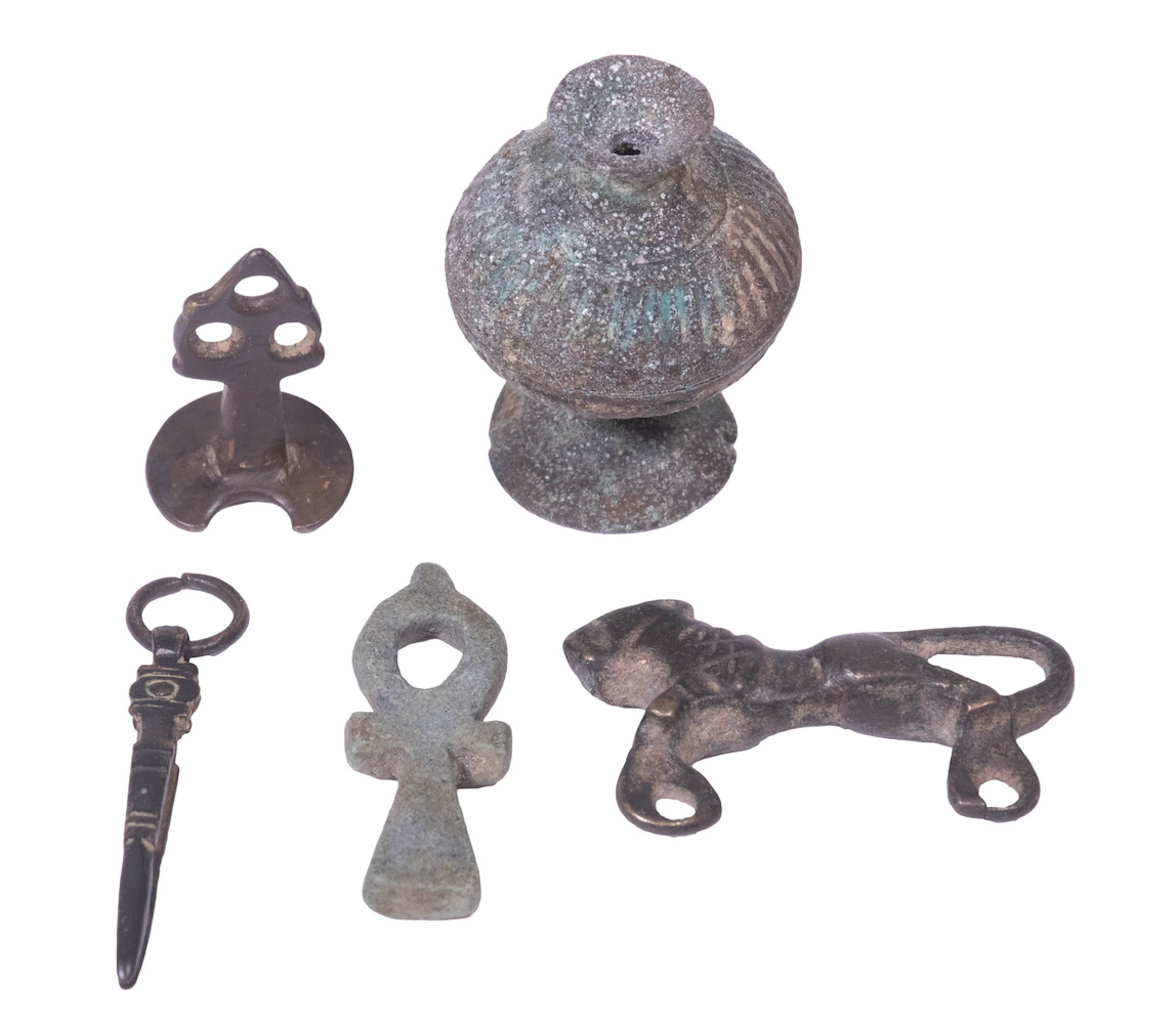 (5) TINY ANCIENT ROMAN, EGYPTIAN & SELJUK BRONZE, IRON, FAIENCE BITS