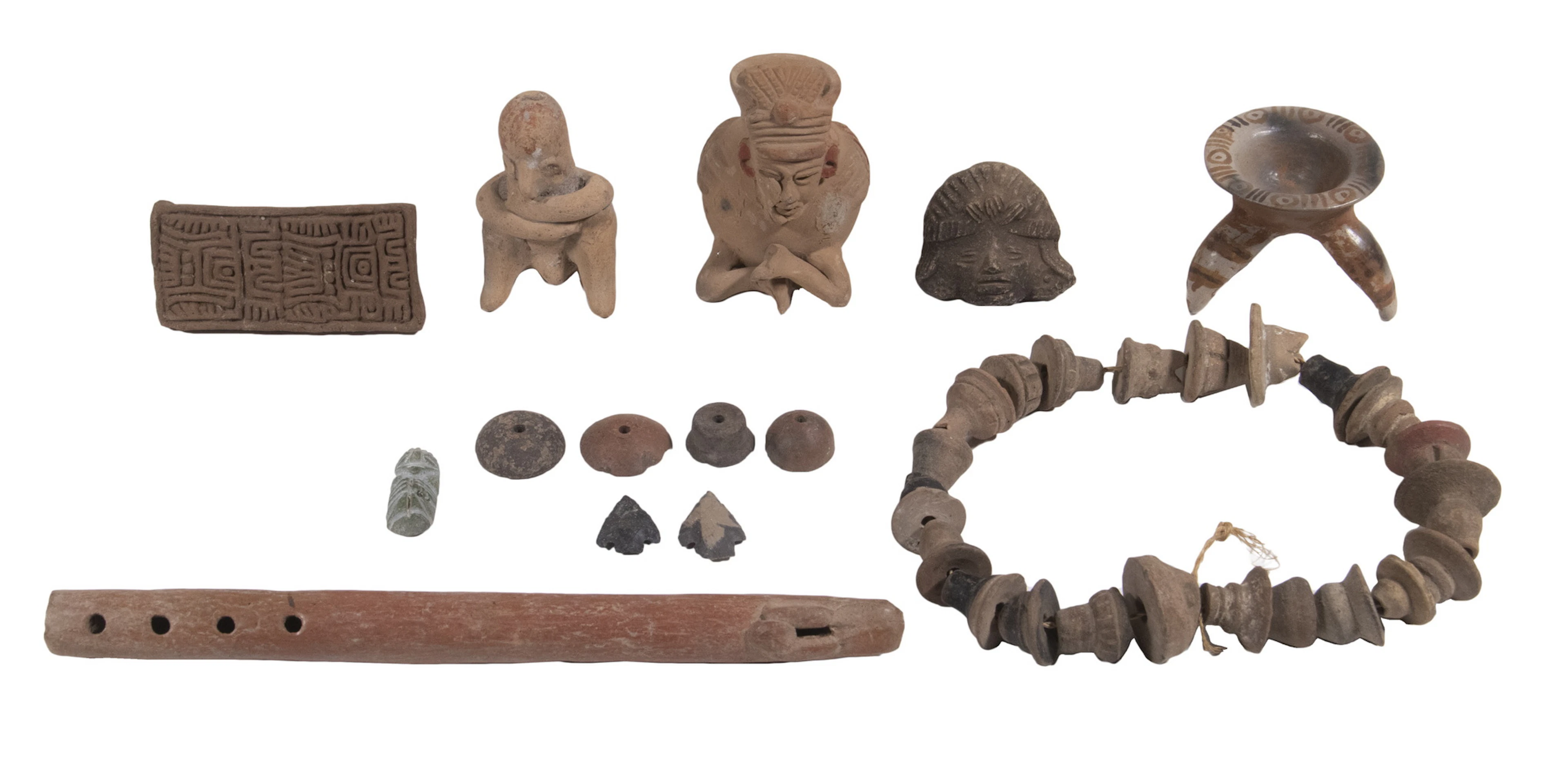 (8 PCS) MINIATURE PRE-COLUMBIAN PRACTICAL POTTERY & (1) STONE IDOL