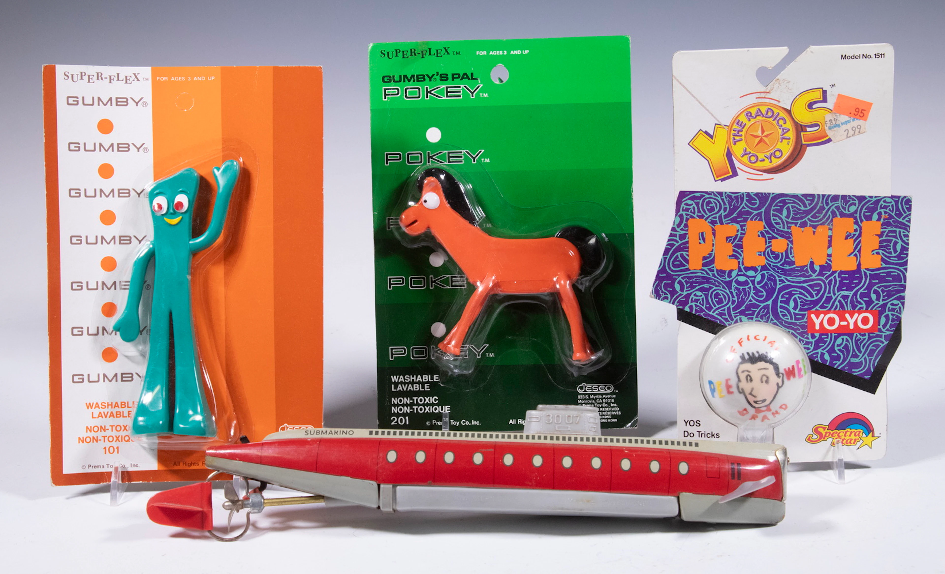 (4) VINTAGE TOYS - SCHUCO SUB, GUMBY, POKEY & PEE-WEE YO-YO