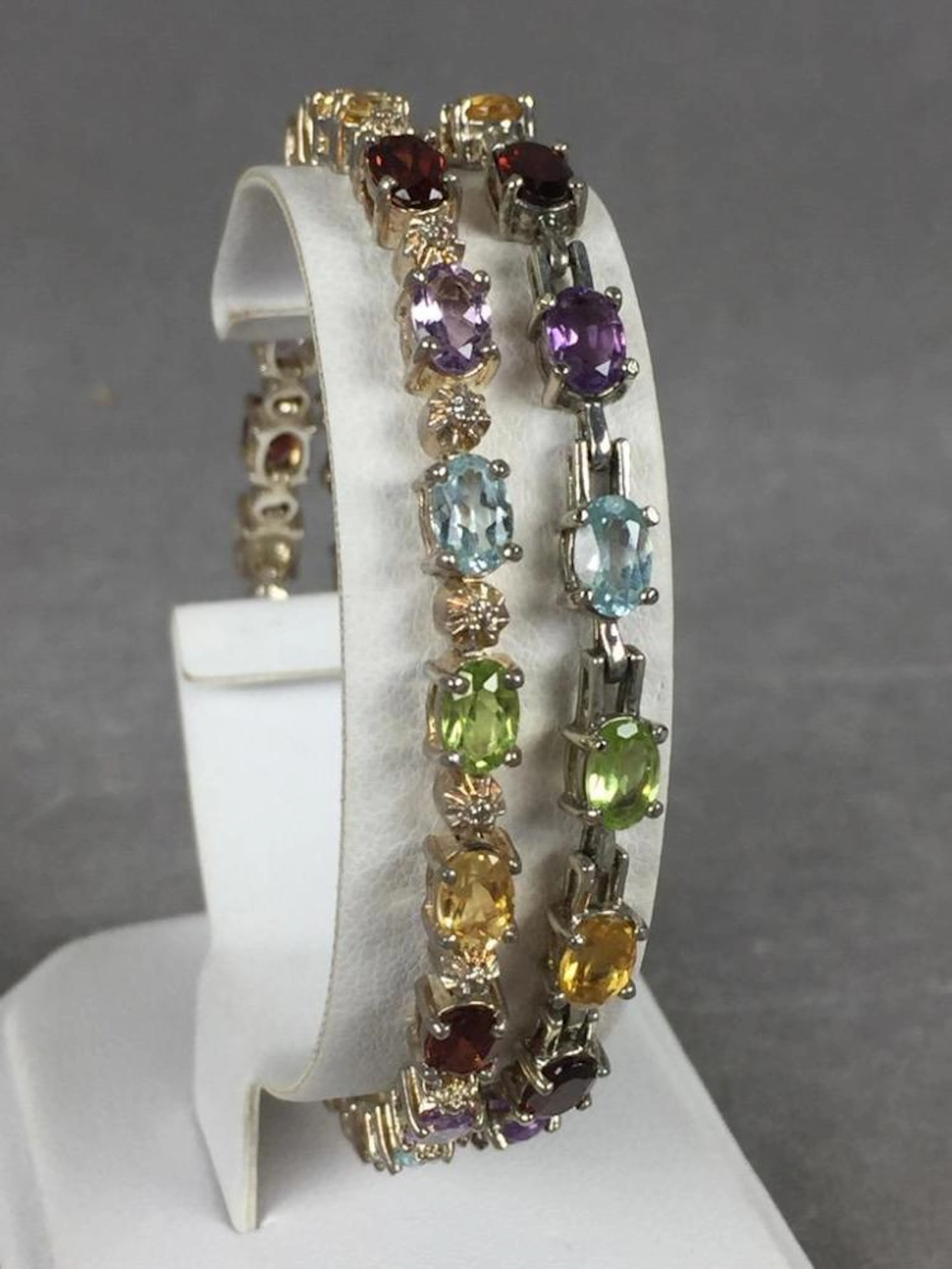 (2) Sterling Silver Bracelets w/ Garnets, Citrine, Peridots, Blue Topaz, & Amethysts
