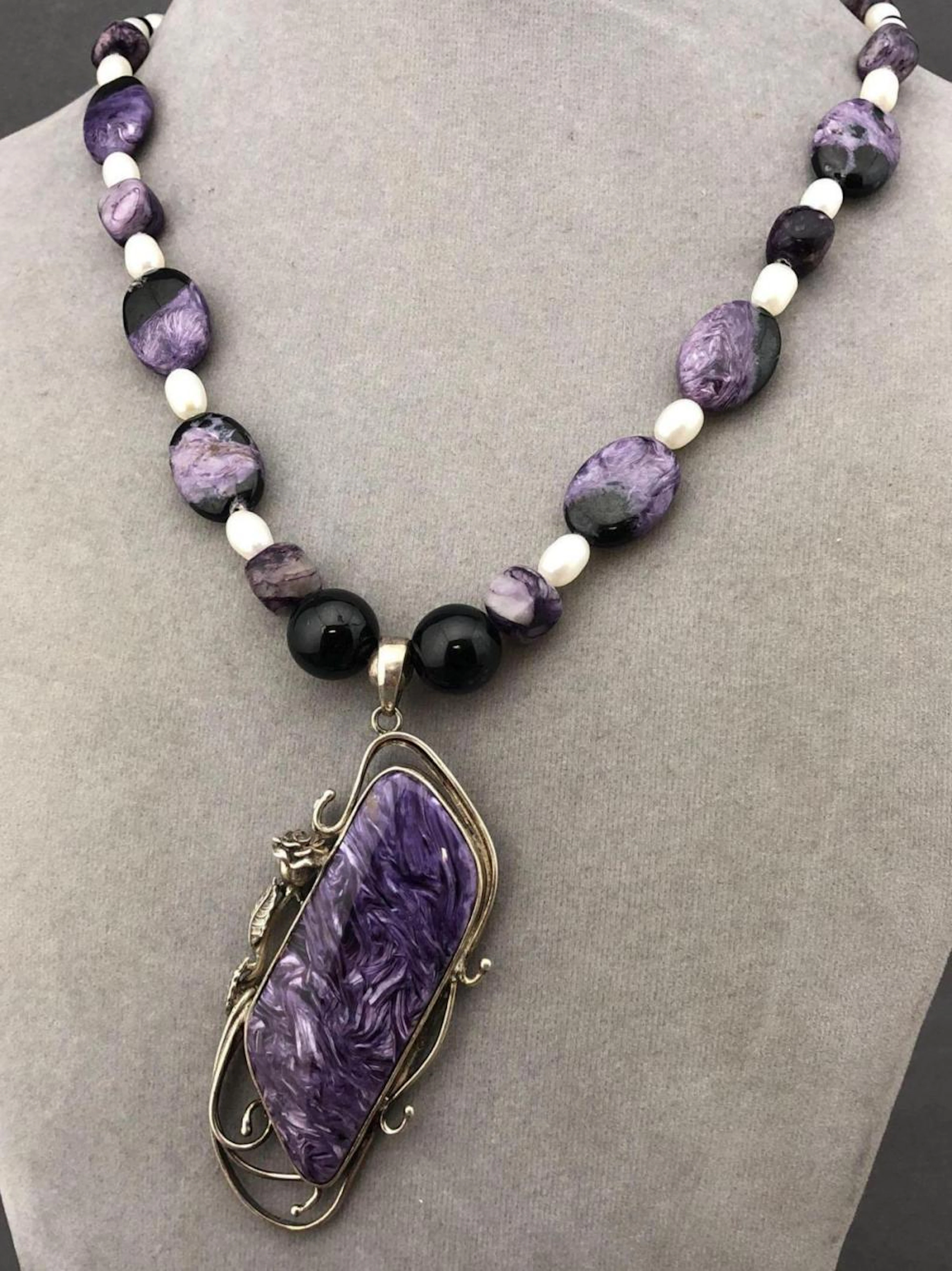 Large Charoite and Sterling Silver Handcrafted Necklace
