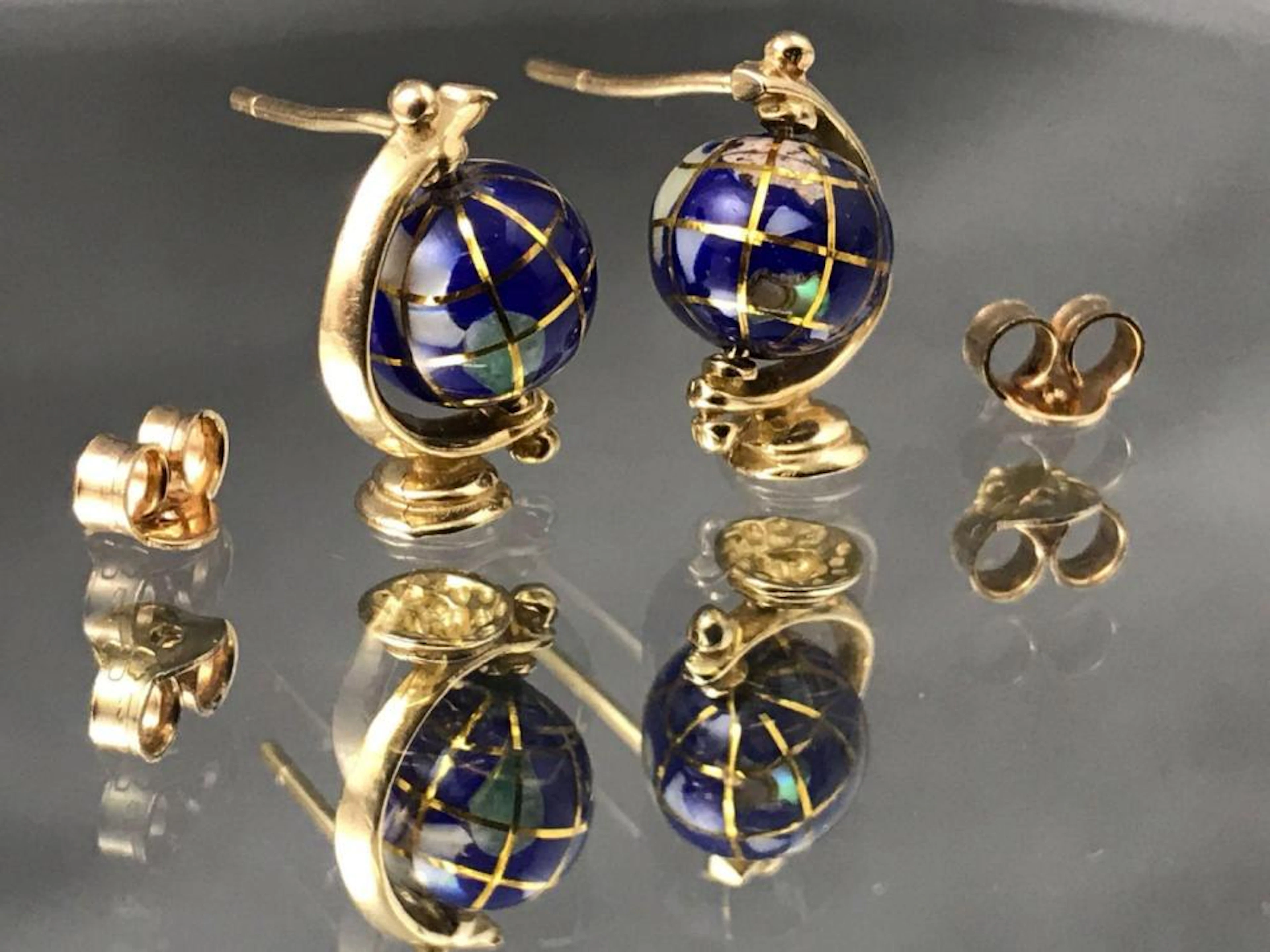 Pair of 14k Gold, Lapis Lazuli, and Opal Revolving Globe Earrings