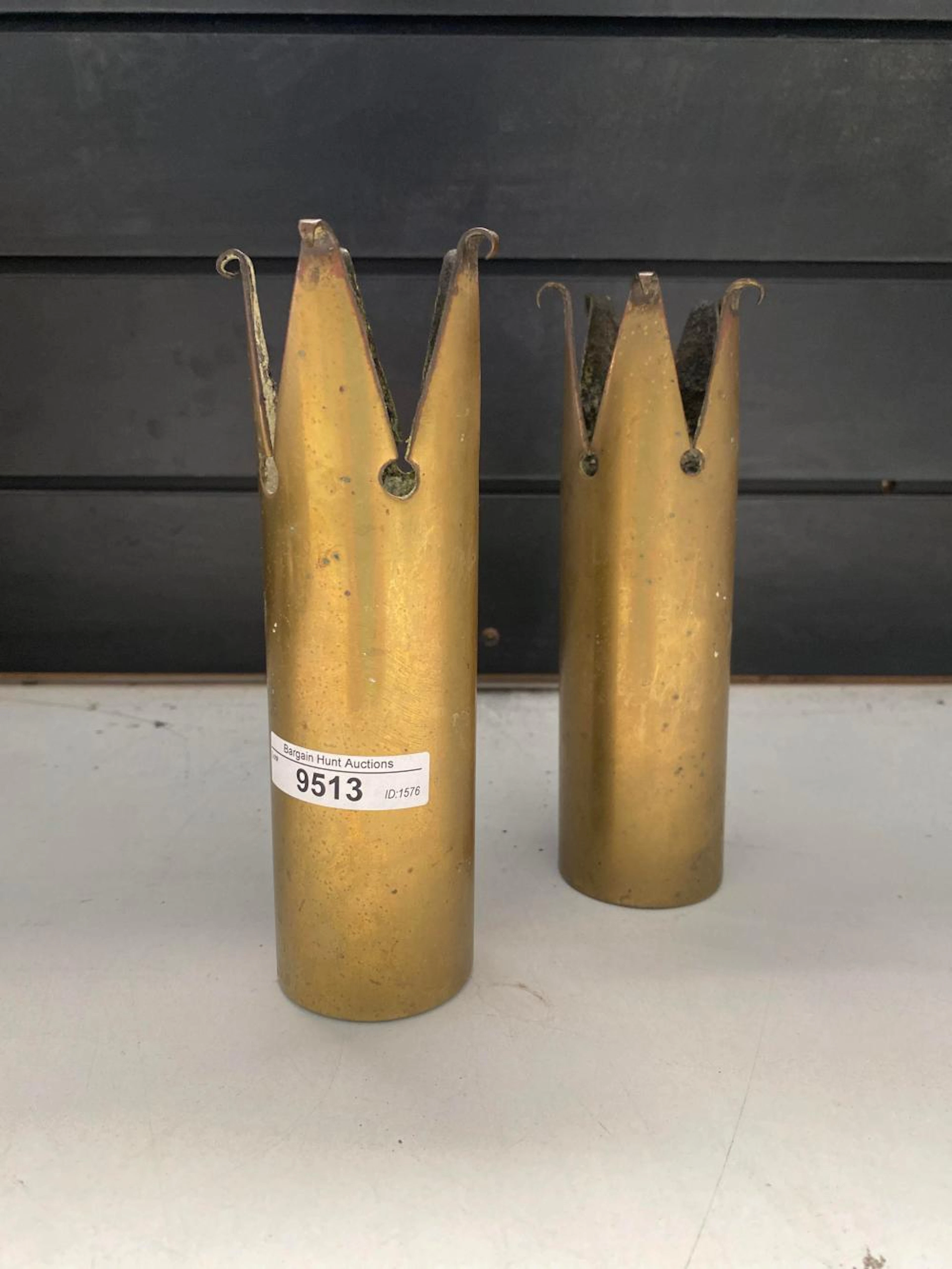 Pair of brass trench art vases. 17.5cm H, 5cm Dia.