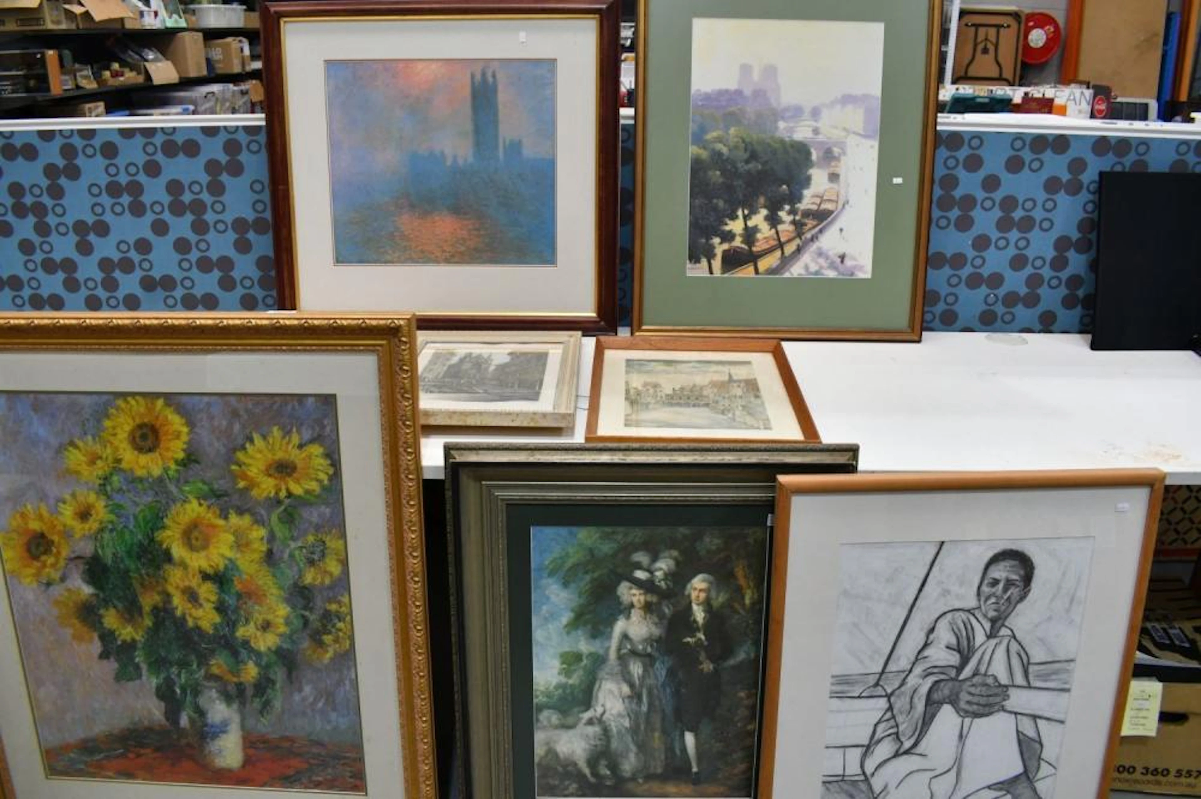 7 Framed Artworks - Monet Cathedral print and large Sunflower print