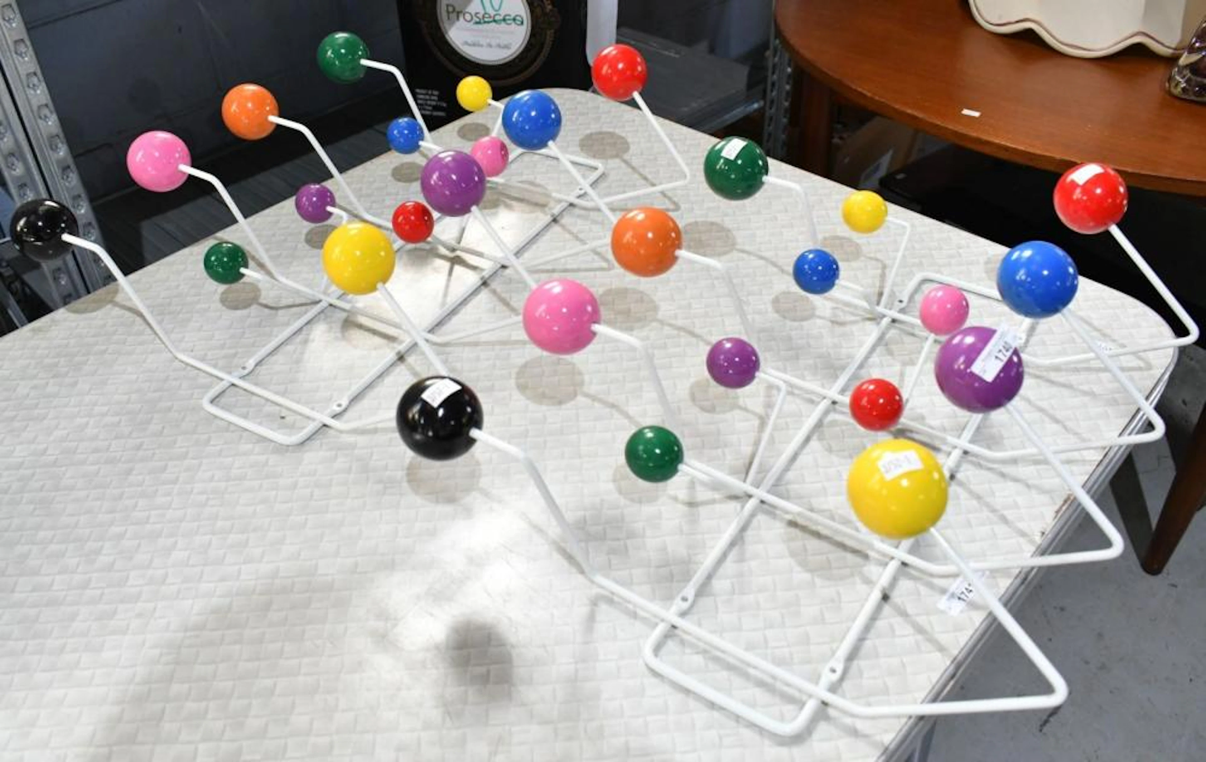 2 Eames style Wall Mount Hat/Coat Racks - colourful balls on white metal frames