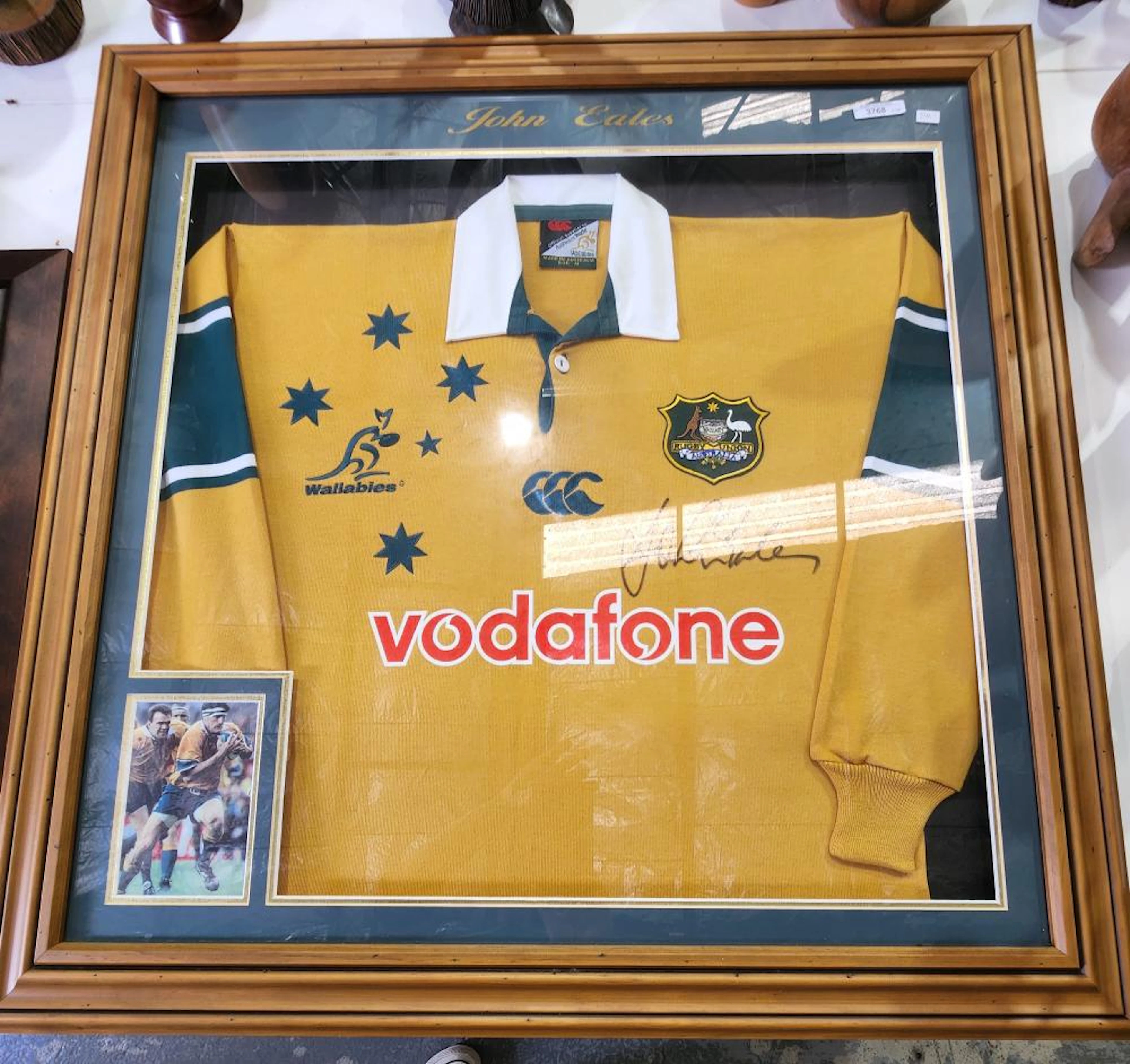 JOHN EALES; framed autographed Wallabies jersey. Frame approx 85 x 85cm