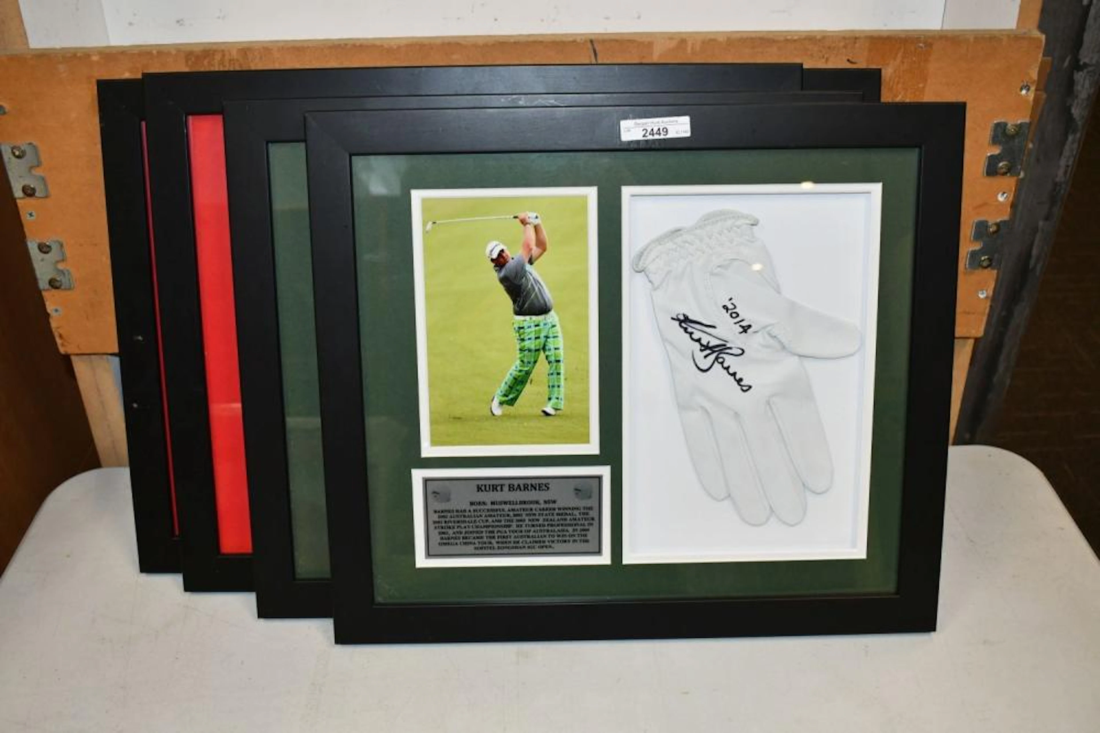 2 Framed Golfing and 2 Framed Boxing Collages - signed photos and gloves