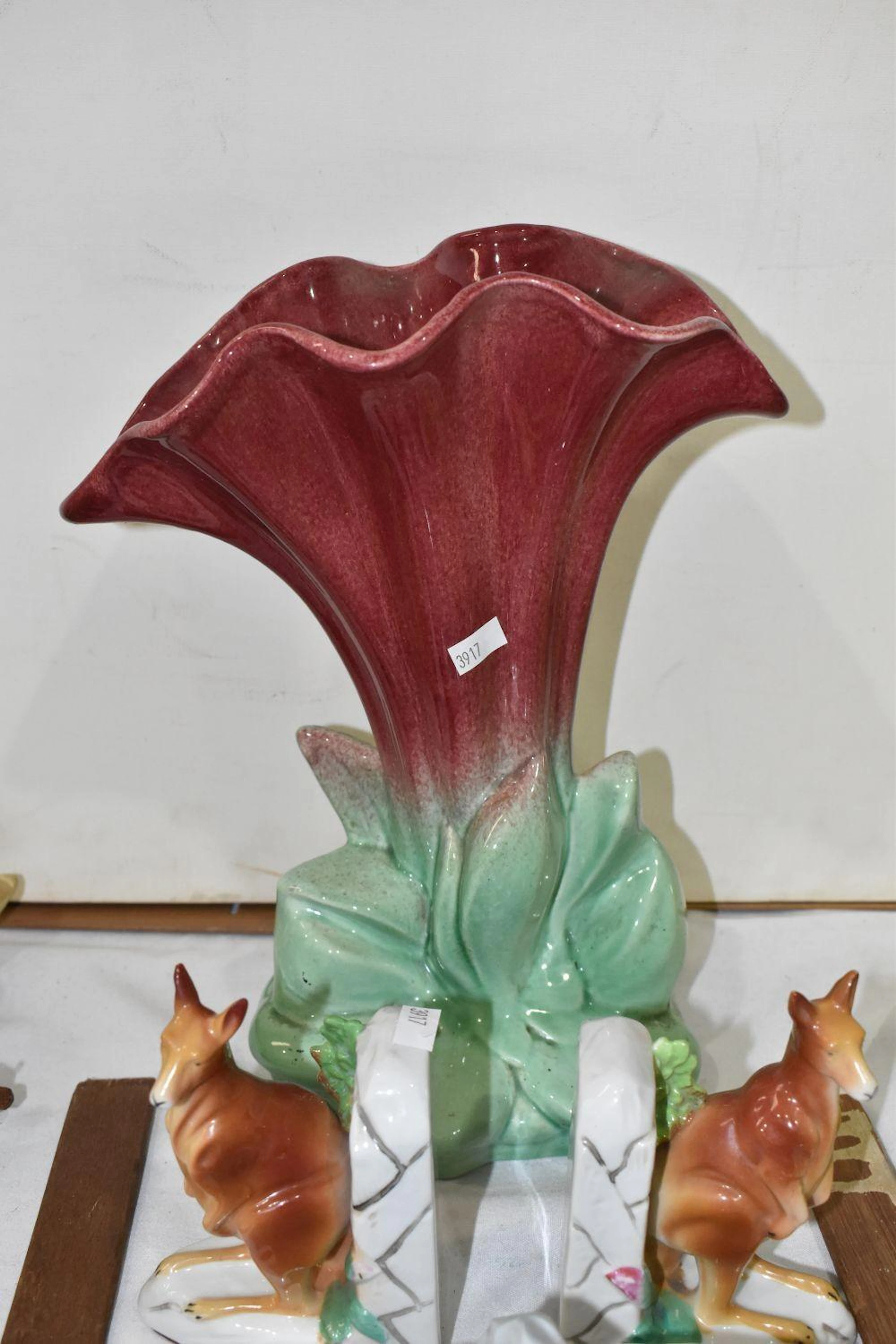 Australiana - tall Pates maroon and green drip glazed flower shaped vase