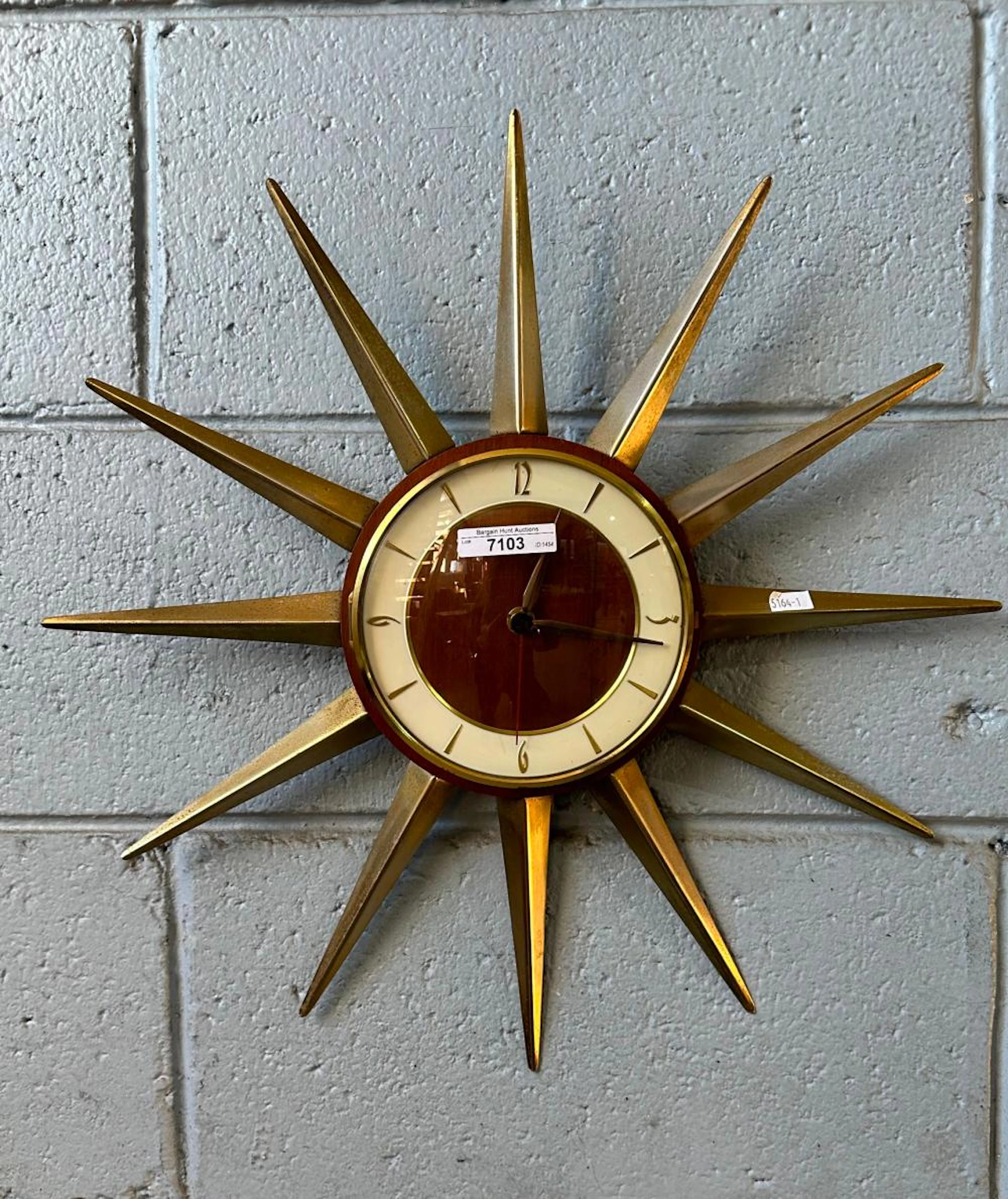 Vintage Starburst Clock with gilt metal rays, battery operated. Untested. 45cm D