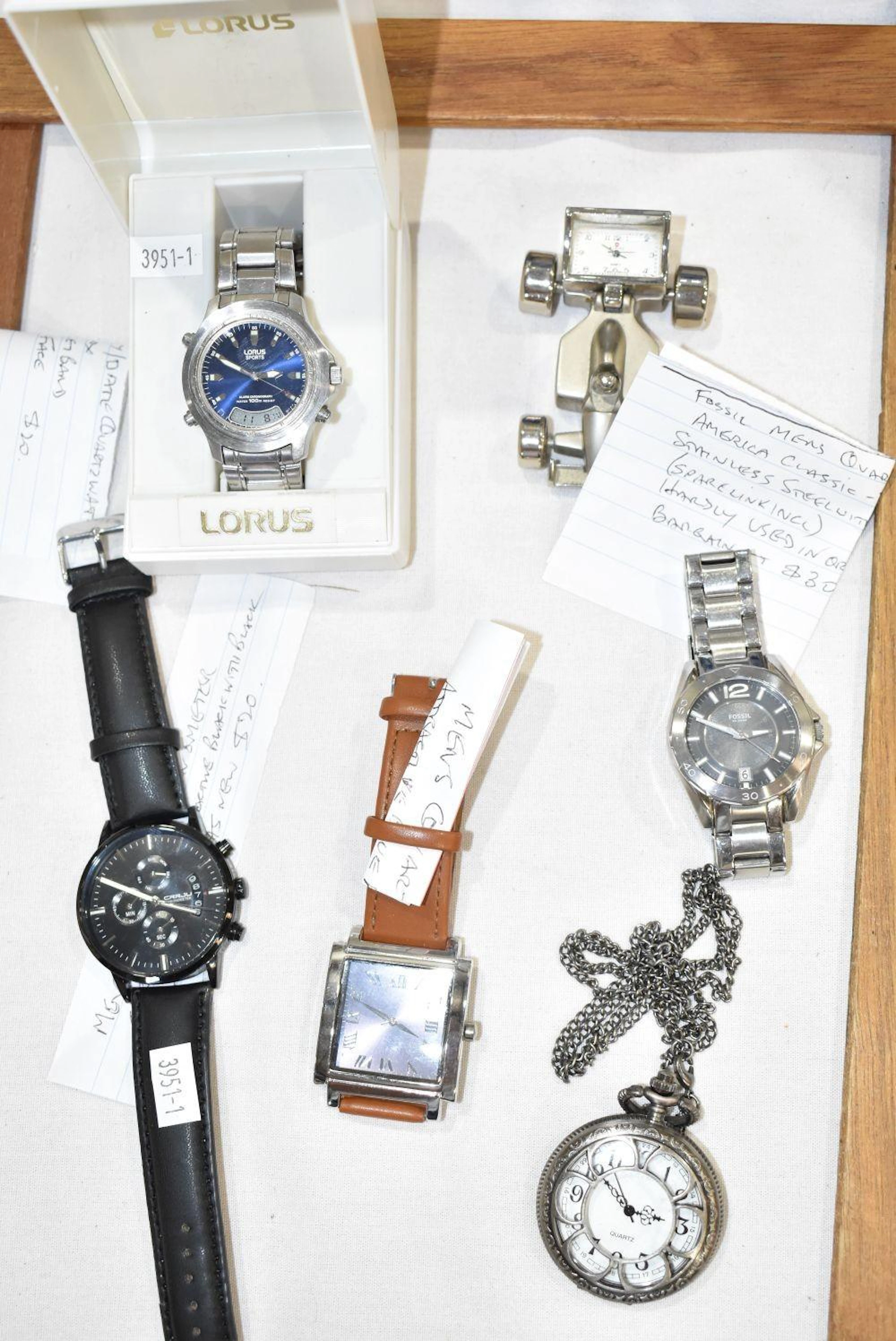 4 Gents Wrist Watches - racing car desktop clock and a metal pocket watch
