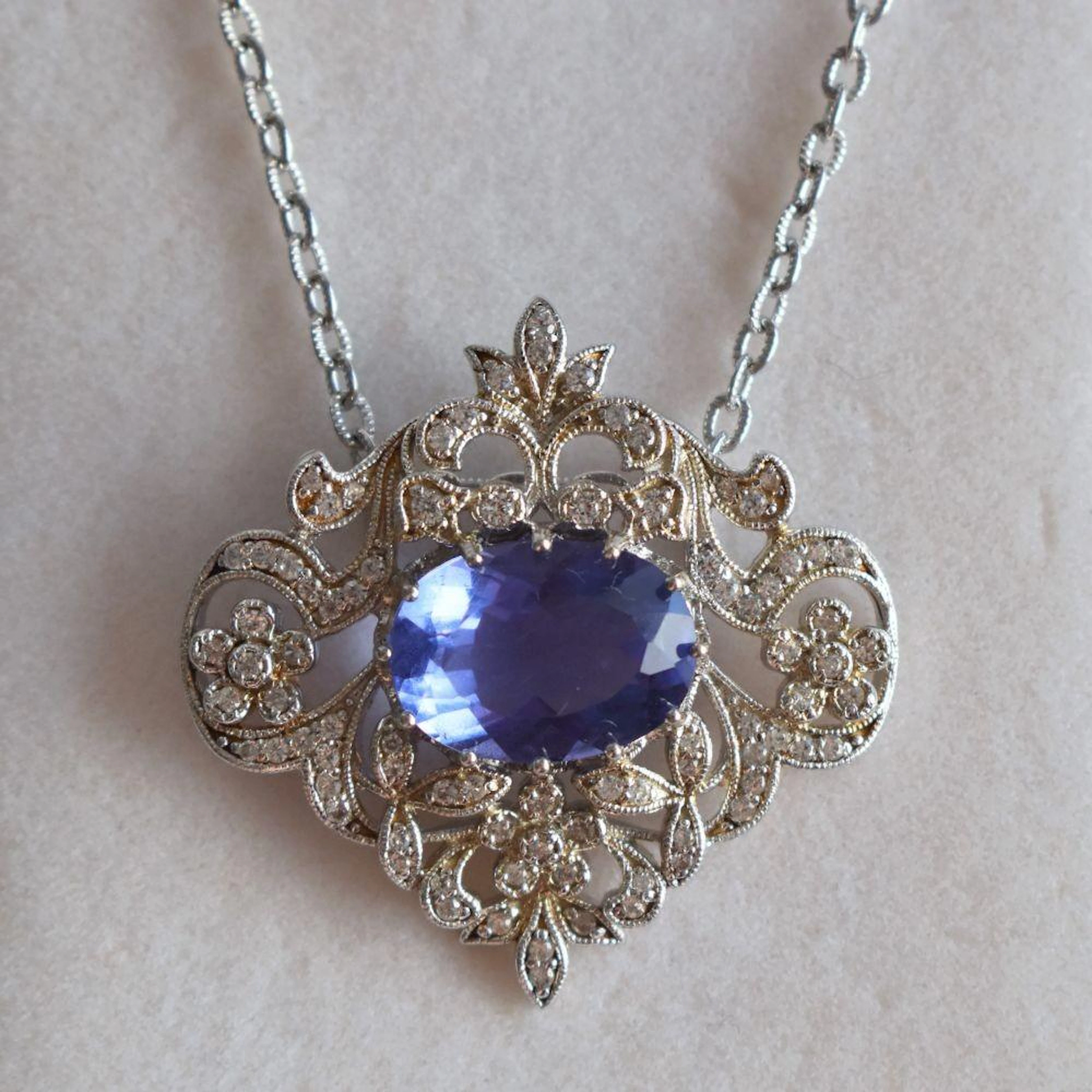 Antique inspired alexandrite and zircon pendant necklace in an ornate design